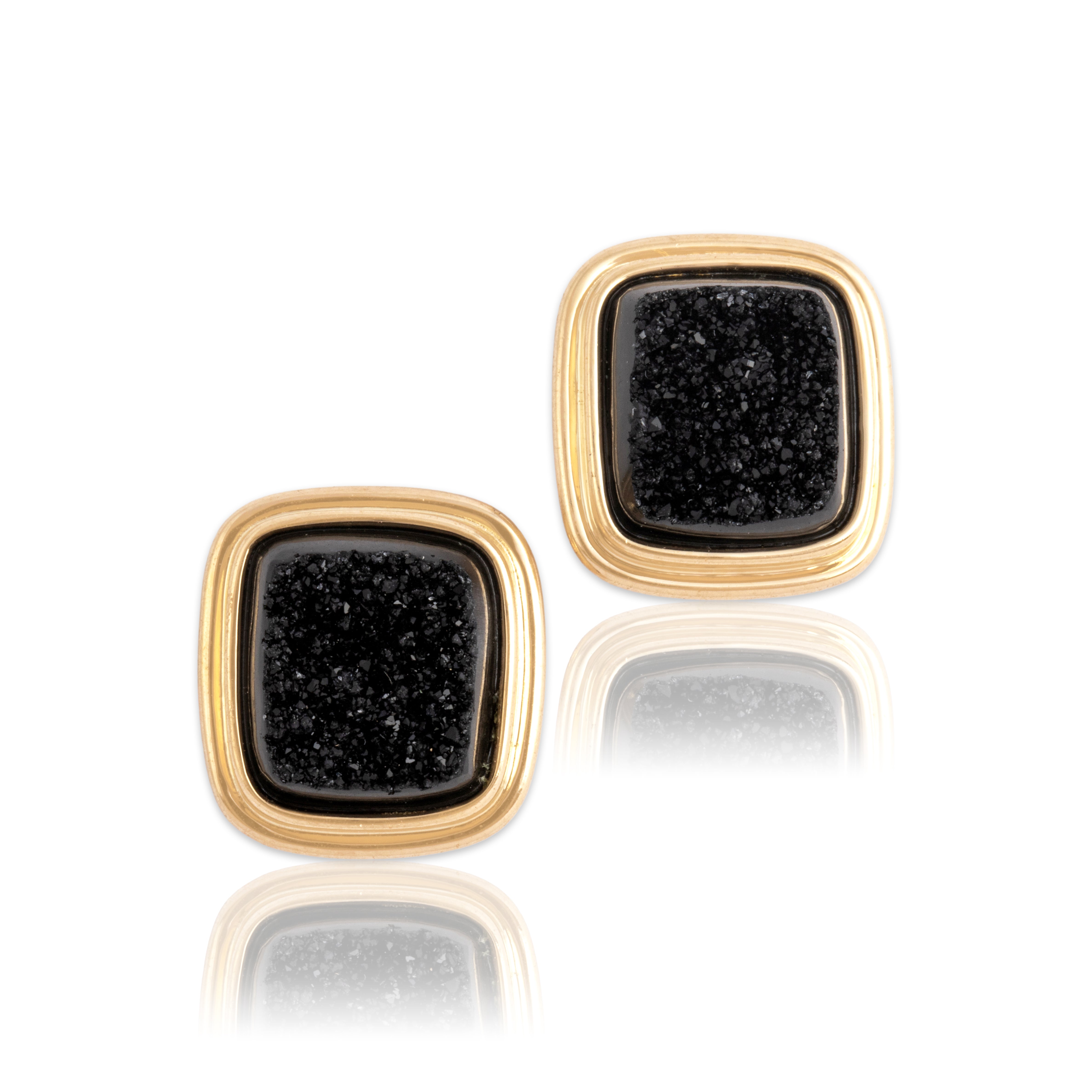 Vintage 14k Yellow Gold 3.83cttw Black Druzy Quartz Glittering Mystical Bezel-Set Stud Earrings - Close-up view