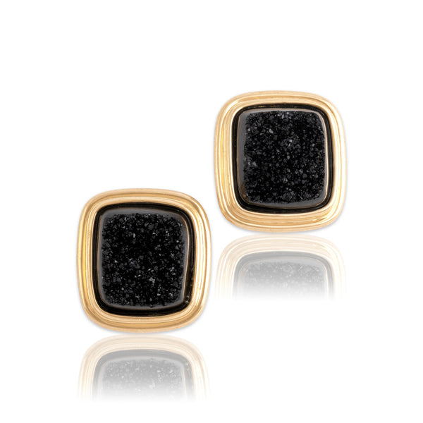Vintage 14k Yellow Gold 3.83cttw Black Druzy Quartz Bezel-Set Stud Earrings