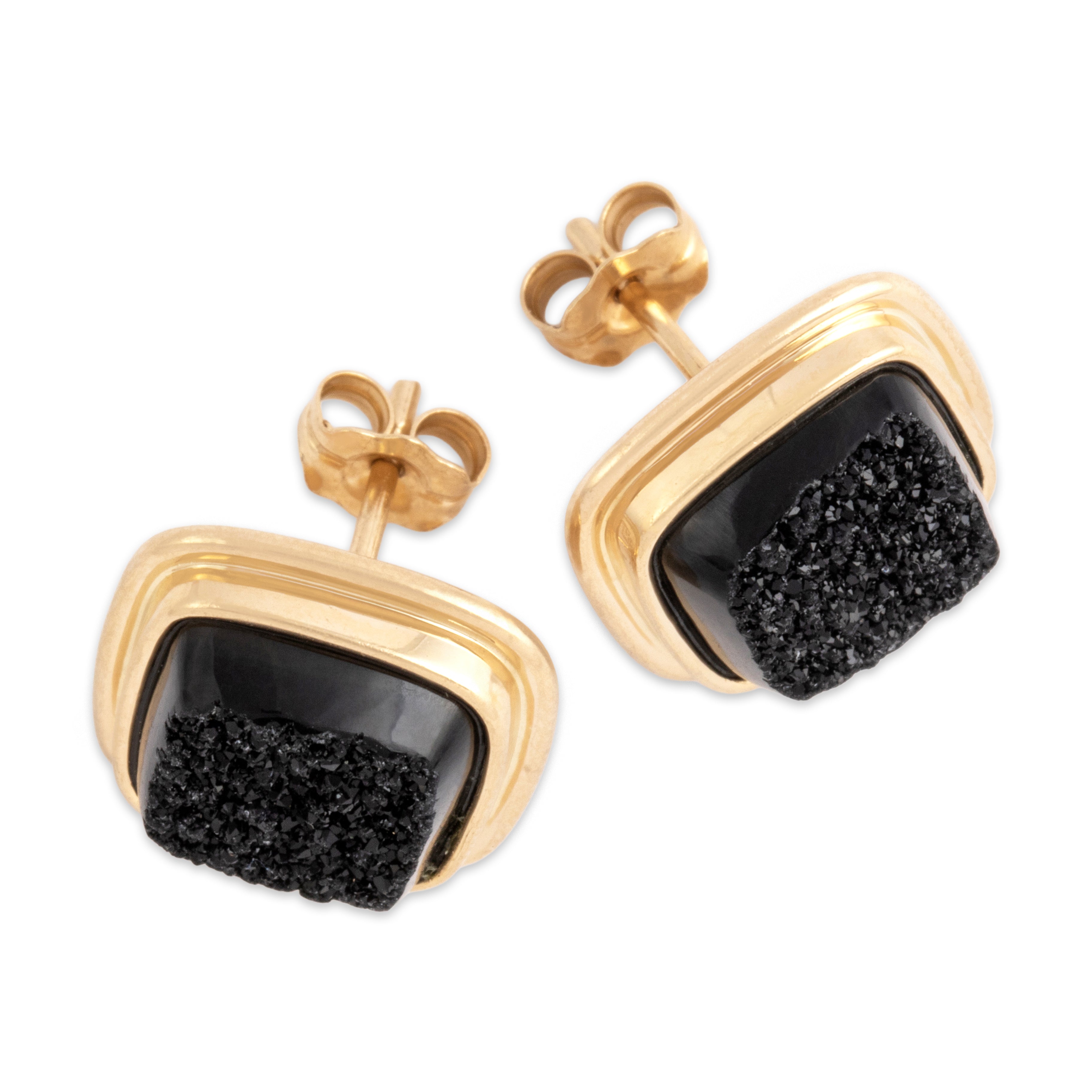 Vintage 14k Yellow Gold 3.83cttw Black Druzy Quartz Glittering Mystical Bezel-Set Stud Earrings - Overall view