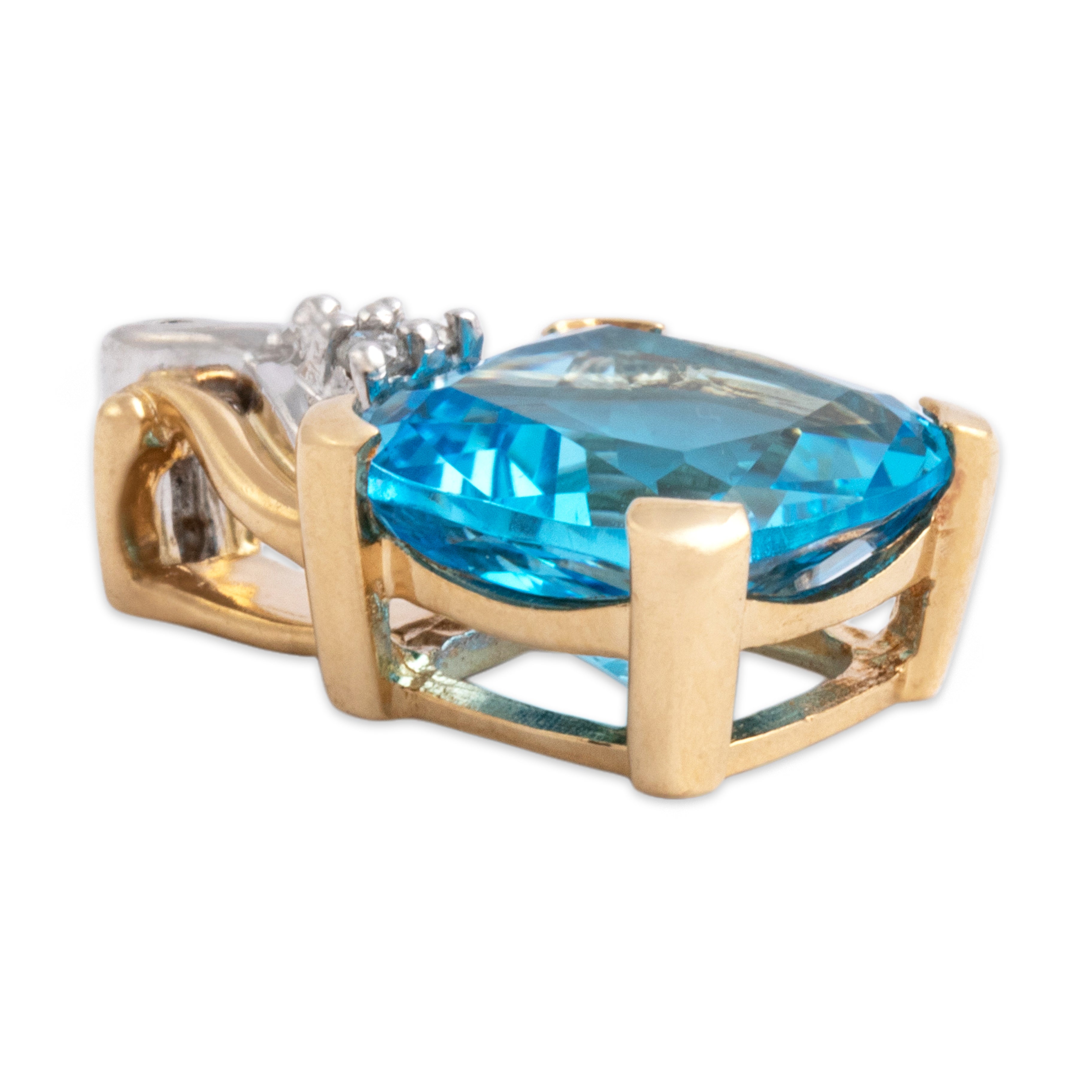 Vintage 14k Yellow & White Gold 4.7ct Blue Topaz Diamond Twist Detail Cushion Pendant - Side view