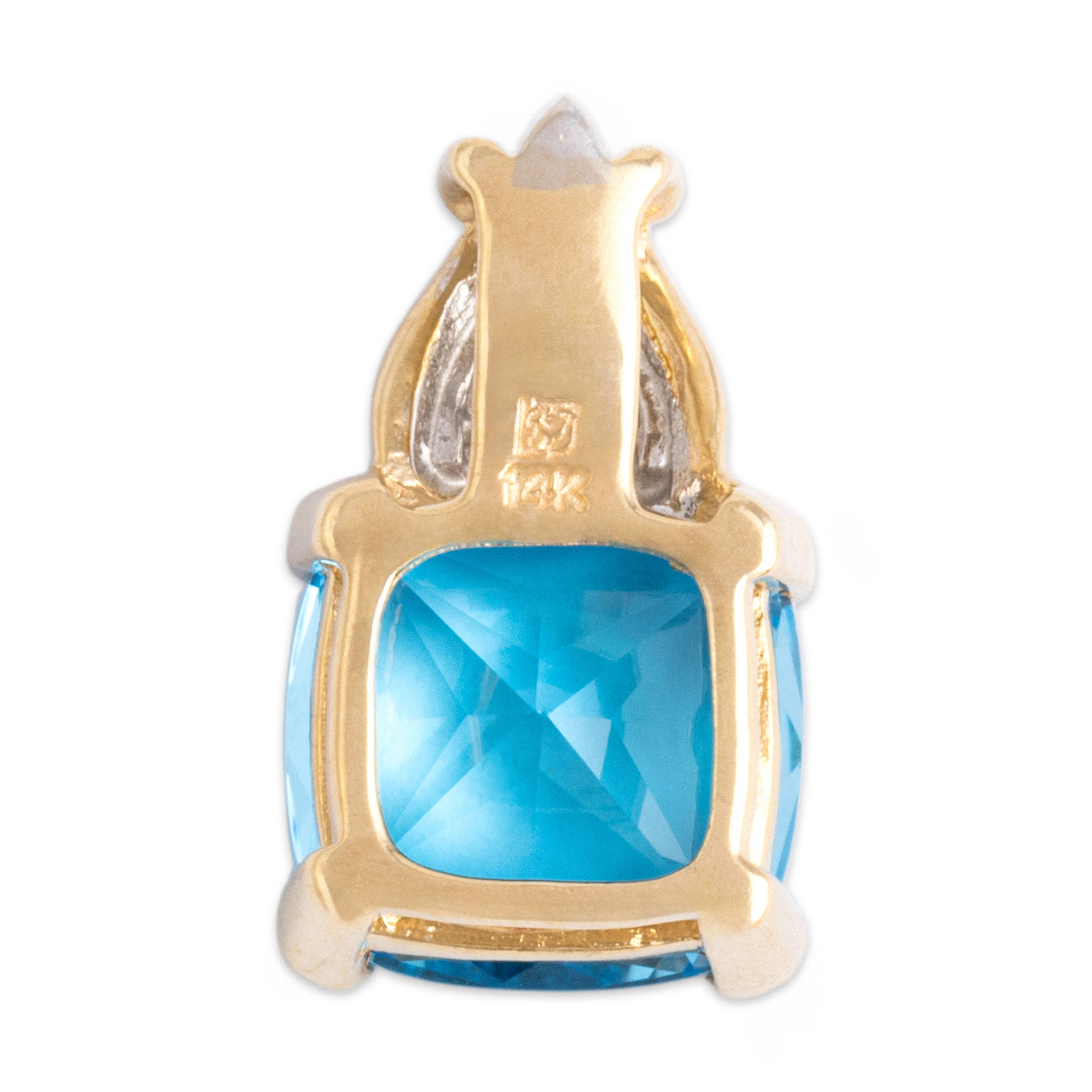 Vintage 14k Yellow & White Gold 4.7ct Blue Topaz Diamond Twist Detail Cushion Pendant - Back view