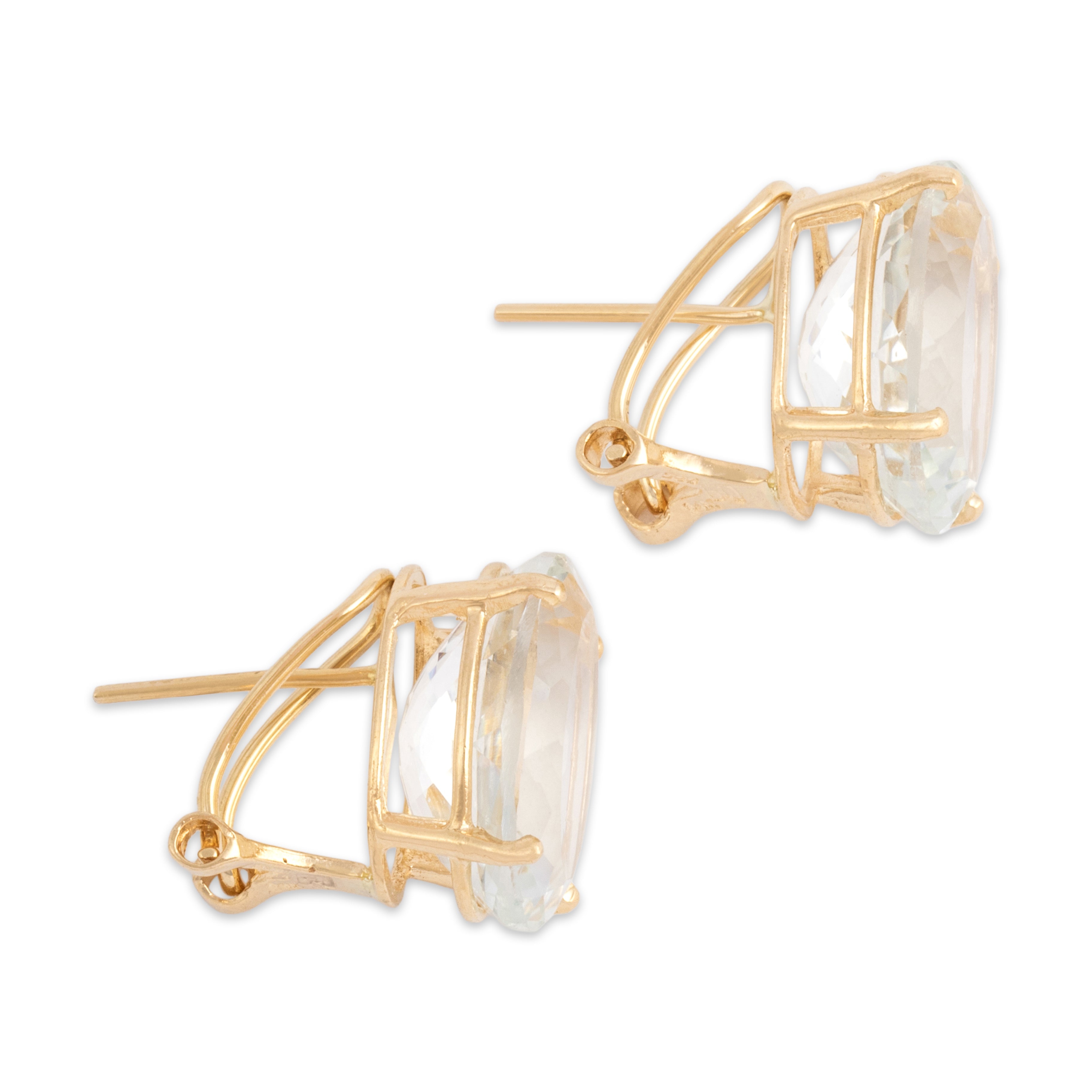 Vintage 14k Yellow Gold 13.65cttw Pale Blue Topaz Flashing Icy Oval Omega Back Earrings - Side view