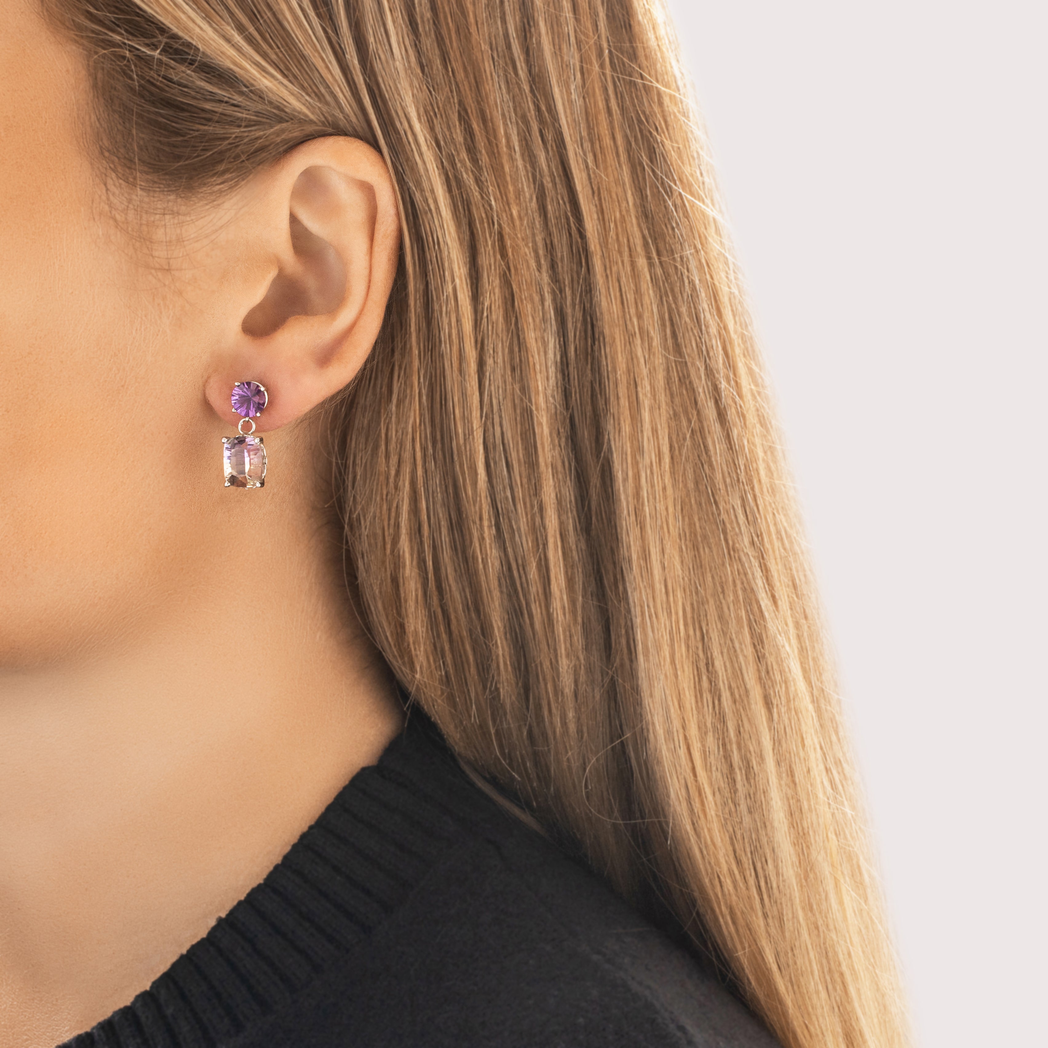 Vintage 14k White Gold 5.41cttw Ametrine 2.24cttw Amethyst Dynamic Fancy-Cut Duo Dangle Earrings - On model view