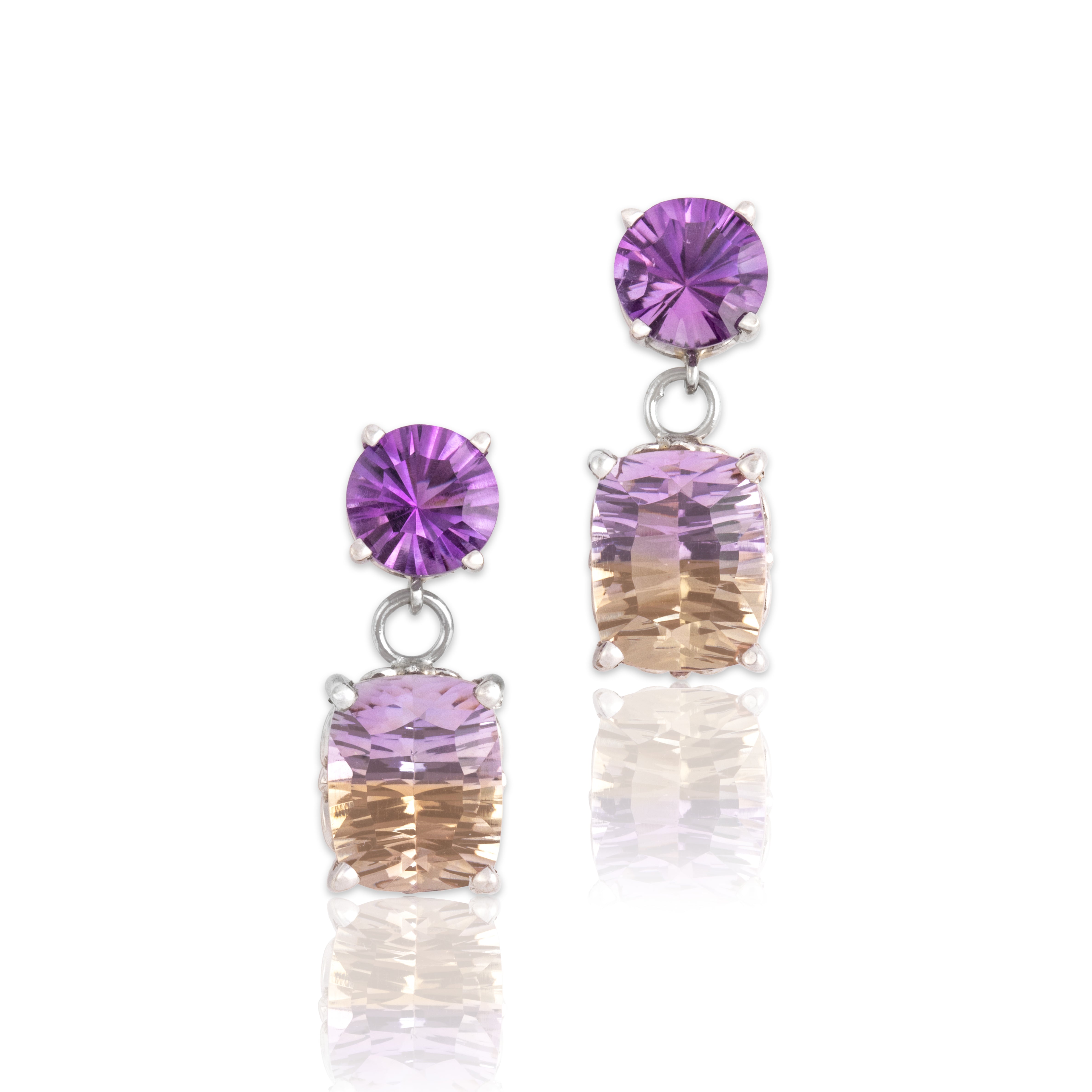 Vintage 14k White Gold 5.41cttw Ametrine 2.24cttw Amethyst Dynamic Fancy-Cut Duo Dangle Earrings - Close-up view