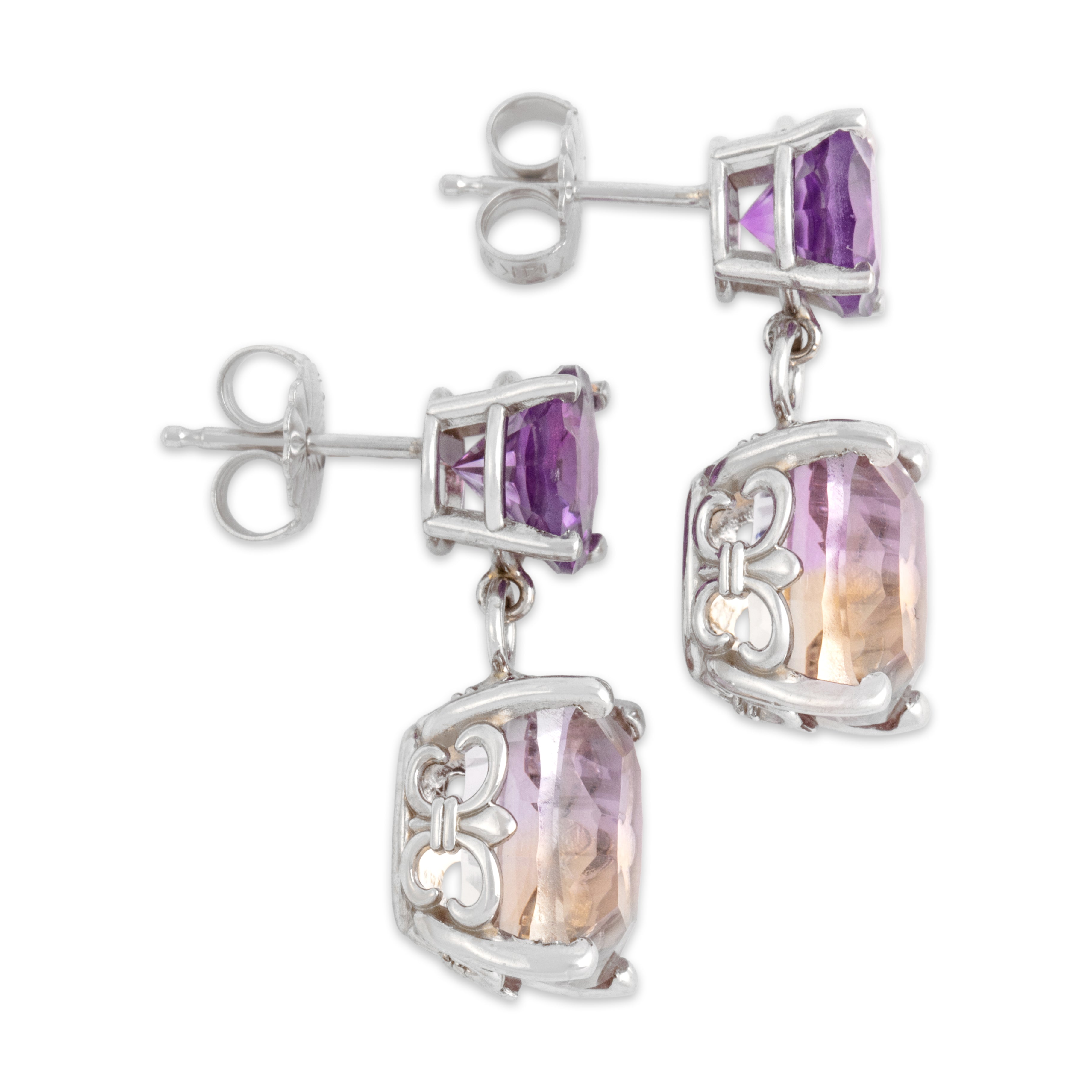 Vintage 14k White Gold 5.41cttw Ametrine 2.24cttw Amethyst Dynamic Fancy-Cut Duo Dangle Earrings - Side view