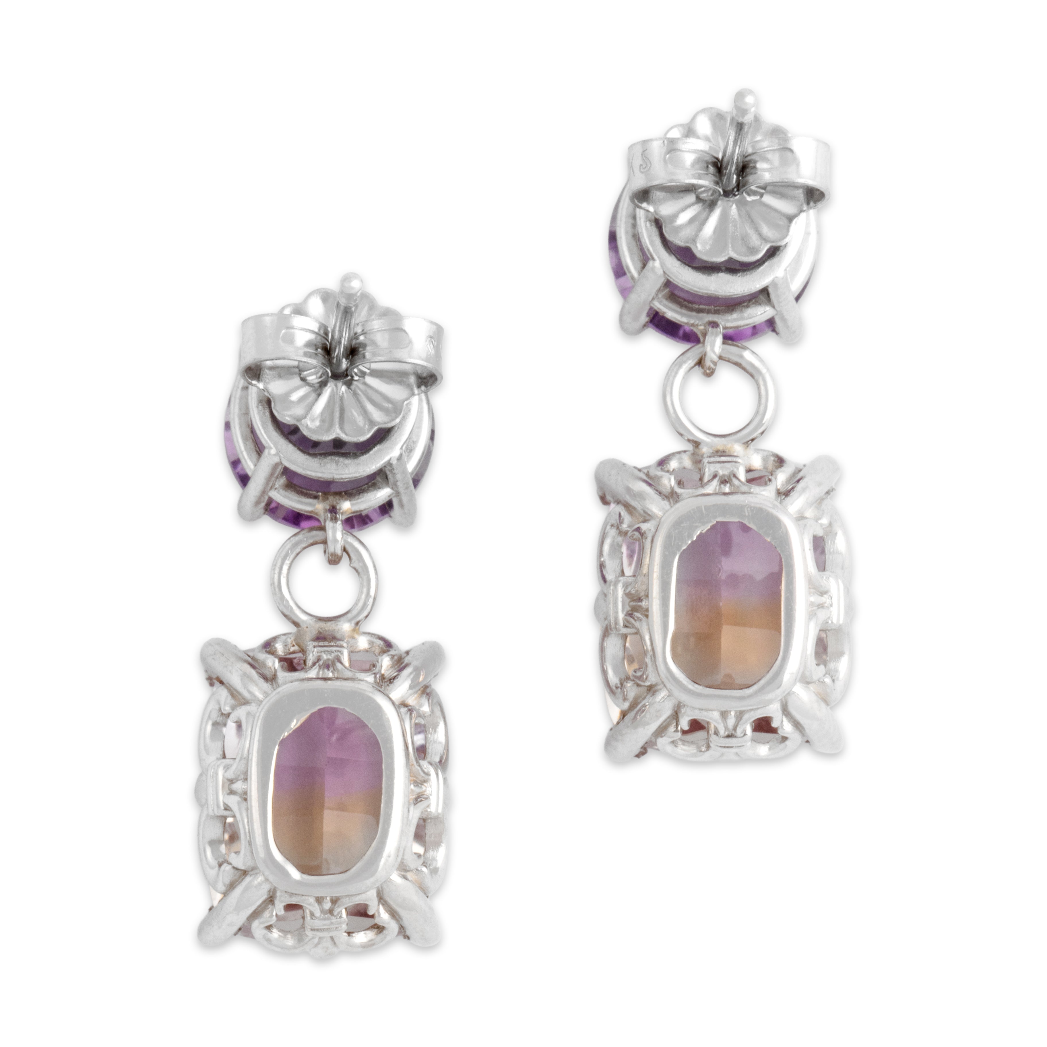 Vintage 14k White Gold 5.41cttw Ametrine 2.24cttw Amethyst Dynamic Fancy-Cut Duo Dangle Earrings - Back view