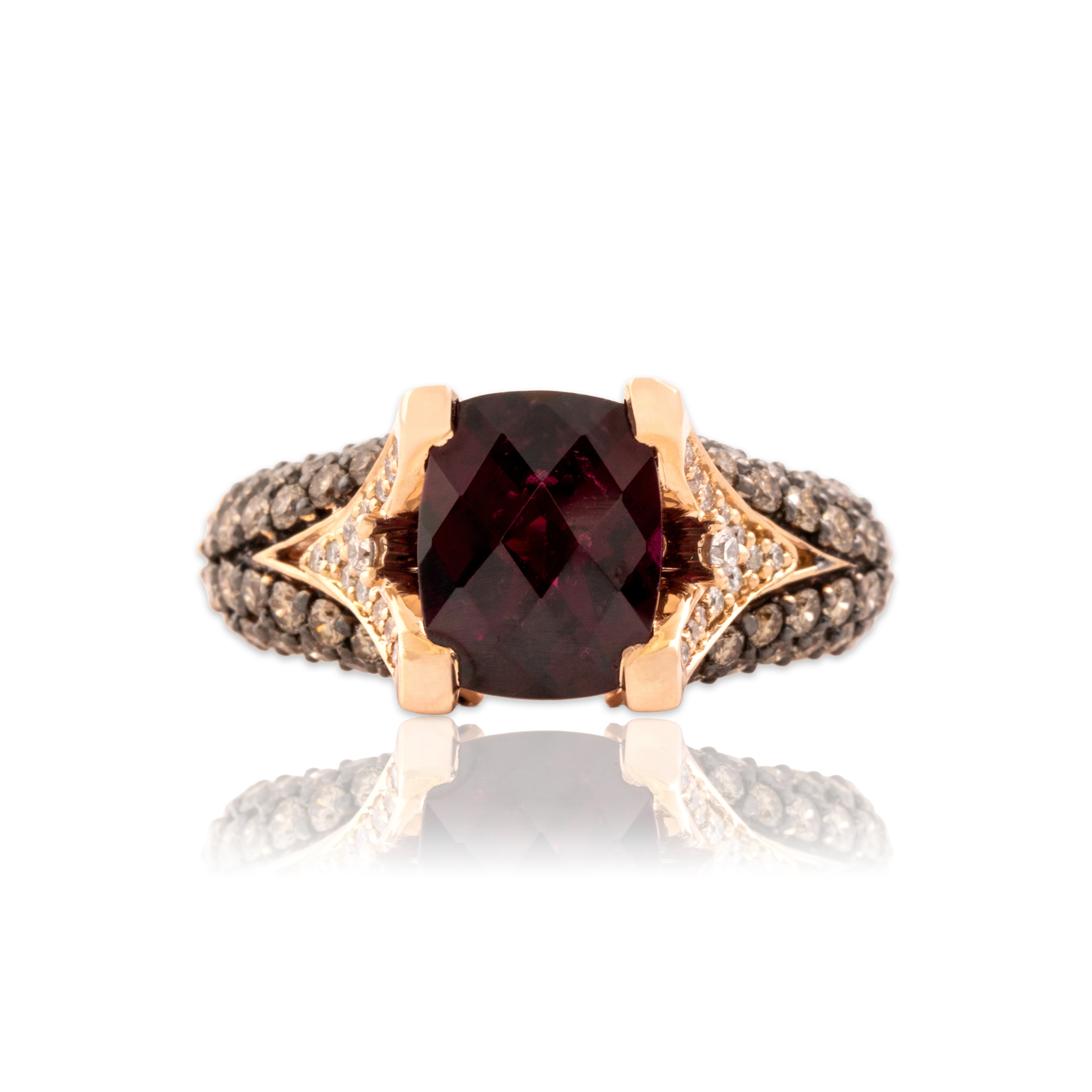 Estate Heavy 14k Rose Gold 4.01ct Berry Garnet .88cttw Champagne Diamond Diamond Architectural Pavã© Cushion Ring - Close-up view