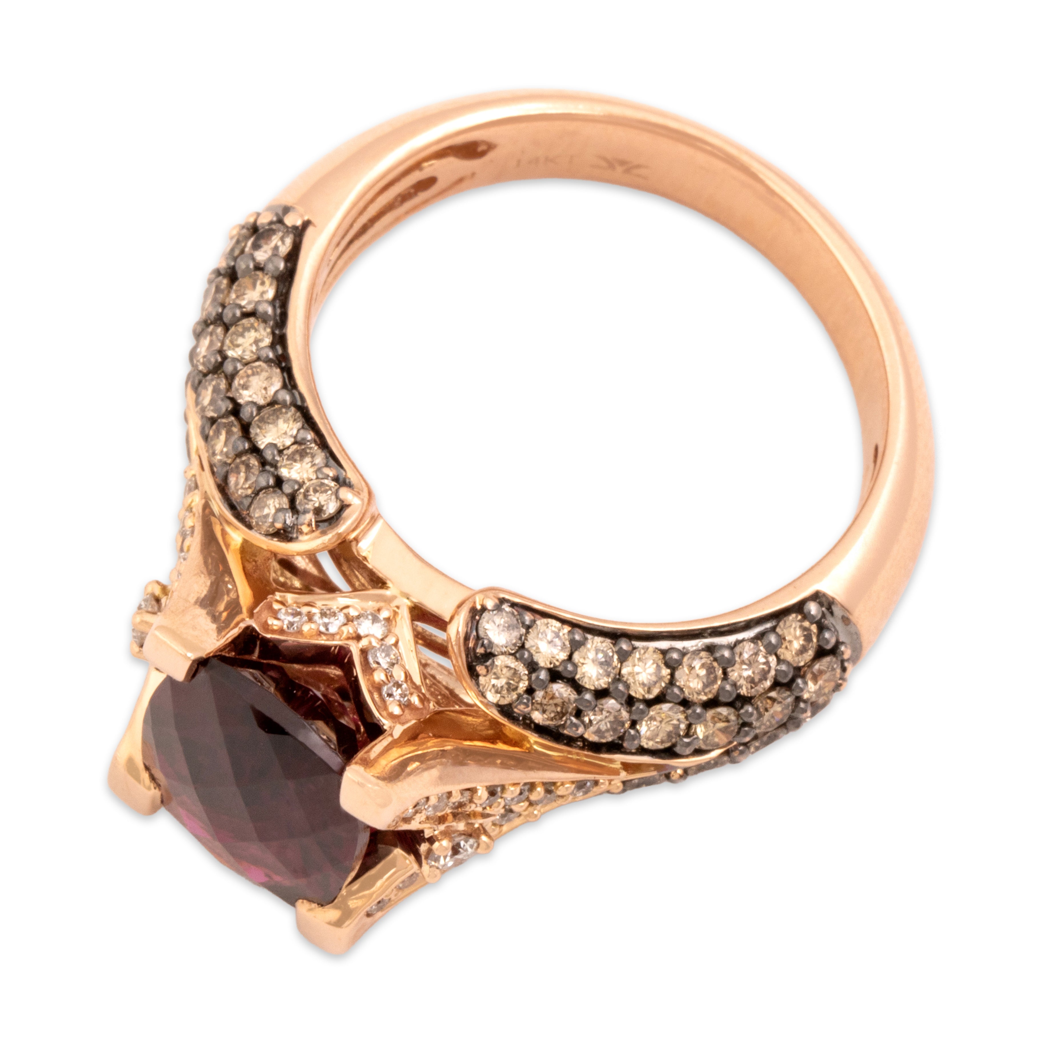 Estate Heavy 14k Rose Gold 4.01ct Berry Garnet .88cttw Champagne Diamond Diamond Architectural Pavã© Cushion Ring - Overall view