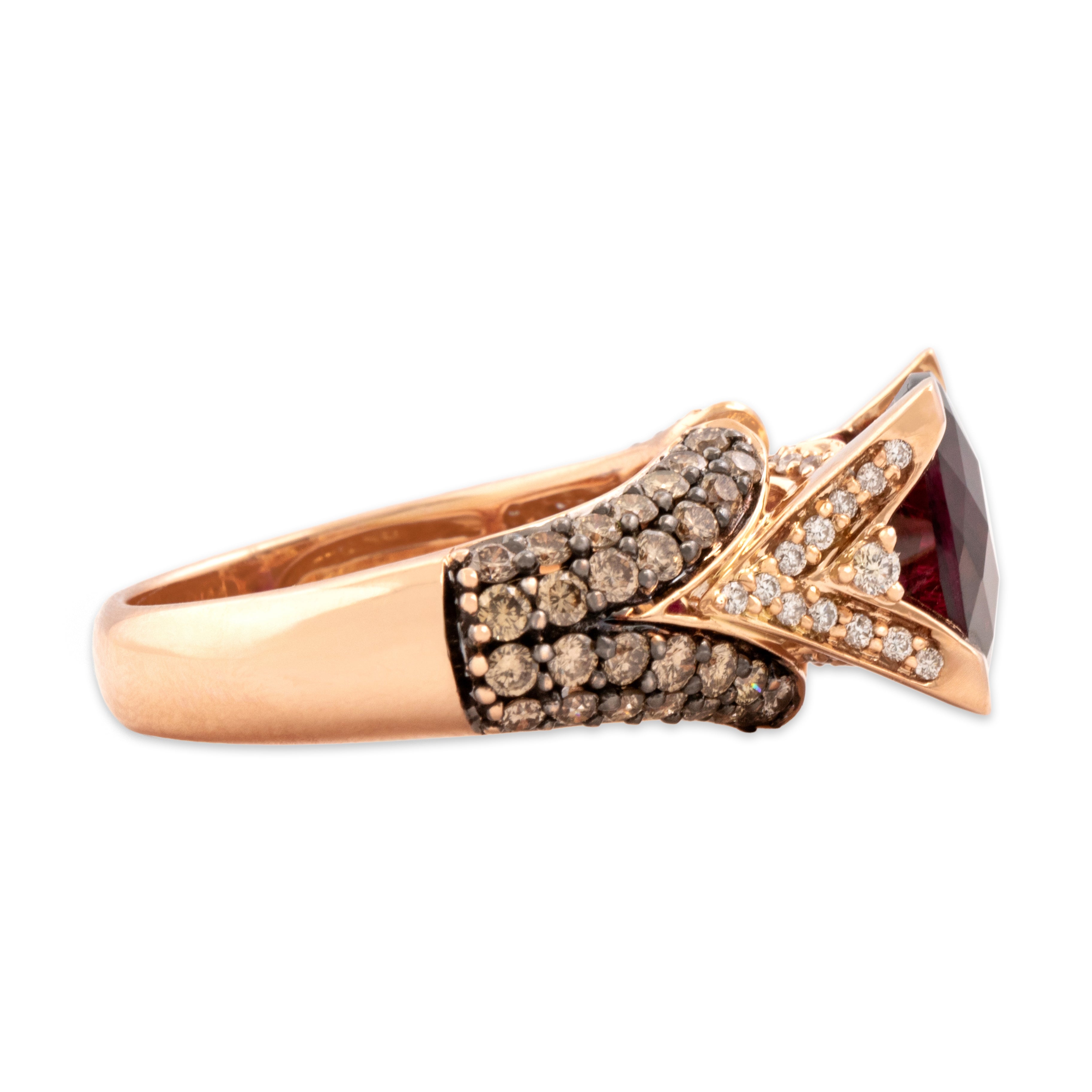 Estate Heavy 14k Rose Gold 4.01ct Berry Garnet .88cttw Champagne Diamond Diamond Architectural Pavã© Cushion Ring - Side view