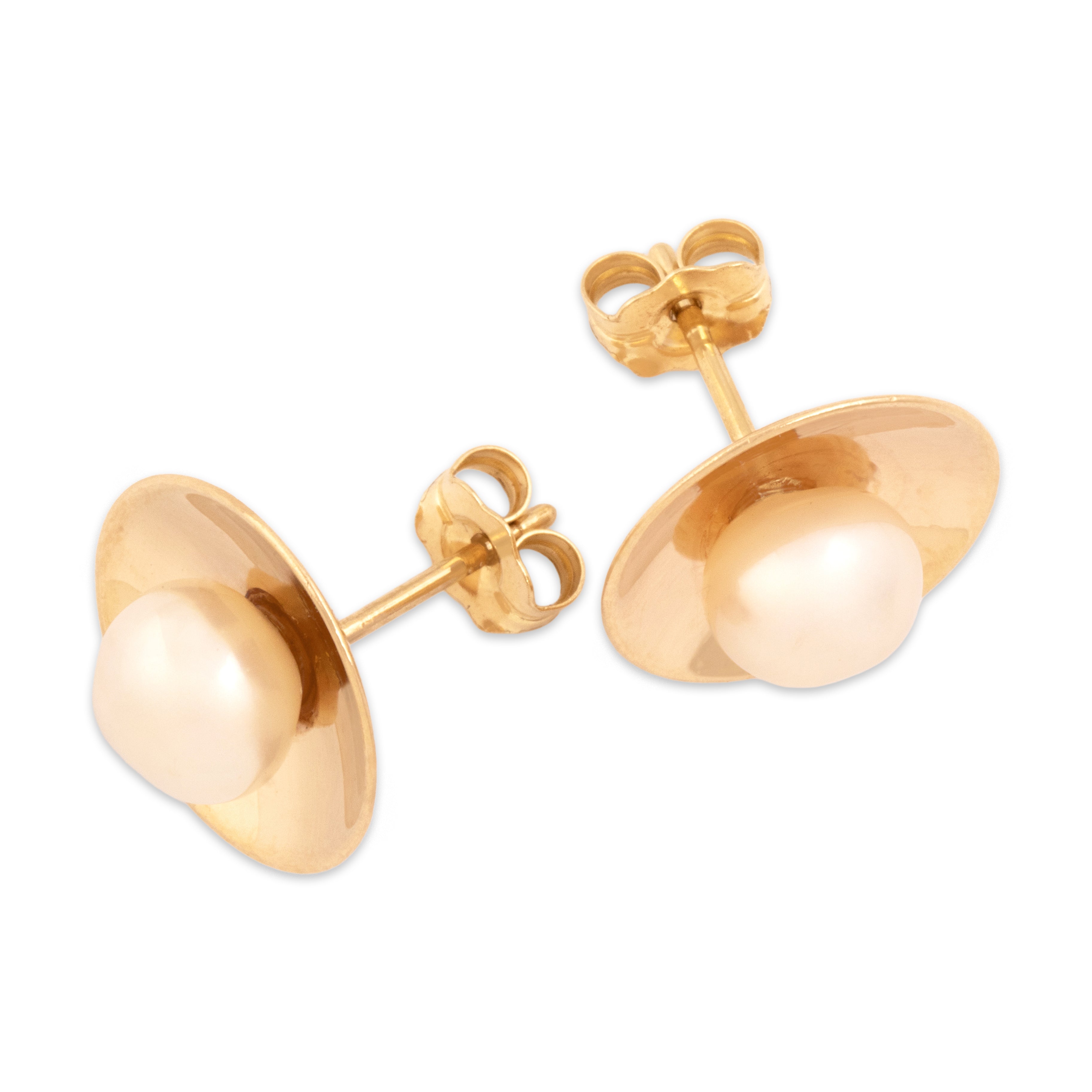Vintage 14k Yellow Gold Baroque Pearl Simple Disc Stud Earrings - Overall view