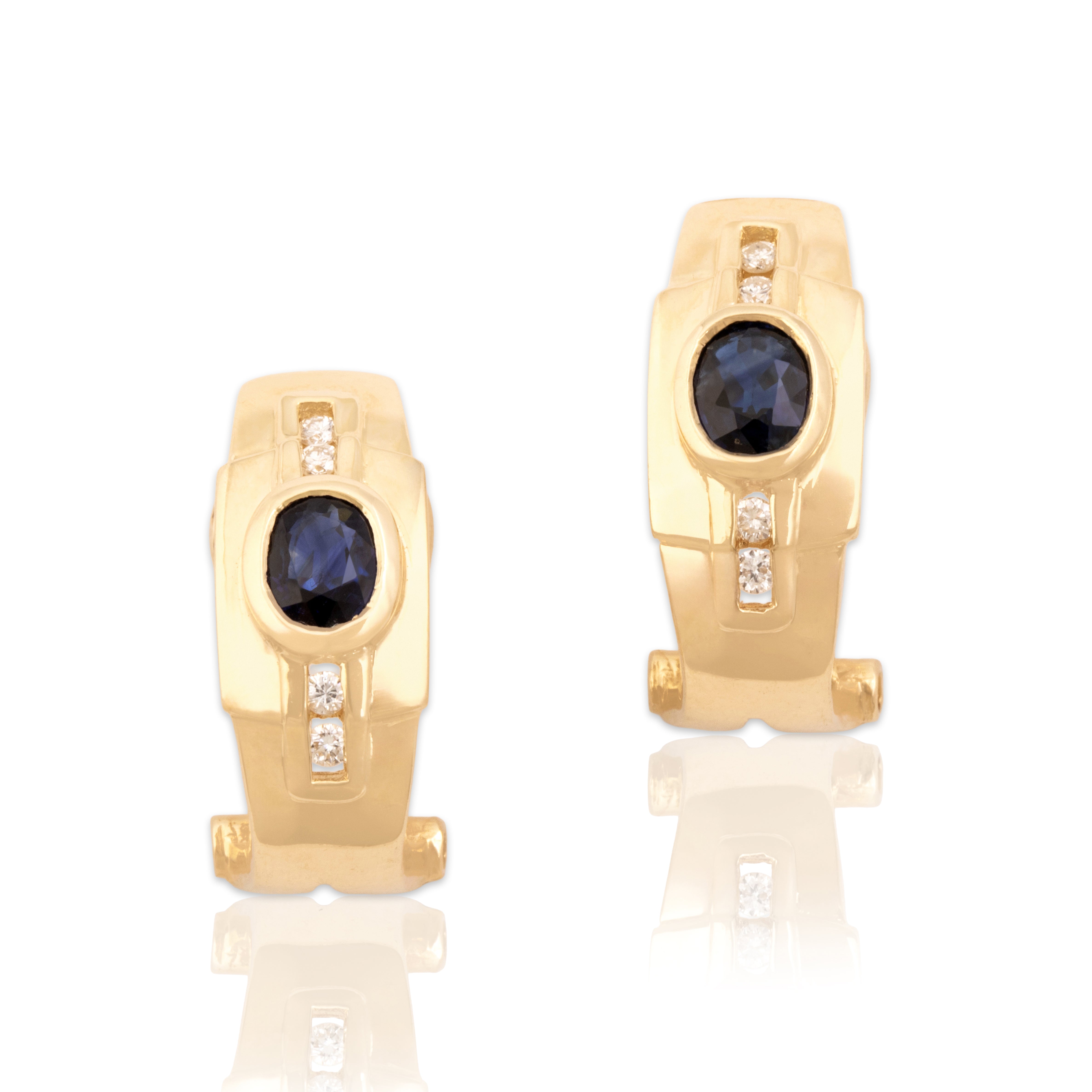 Vintage 14k Yellow Gold .7cttw Blue Sapphire Diamond Elegant Omega Back Earrings - Close-up view