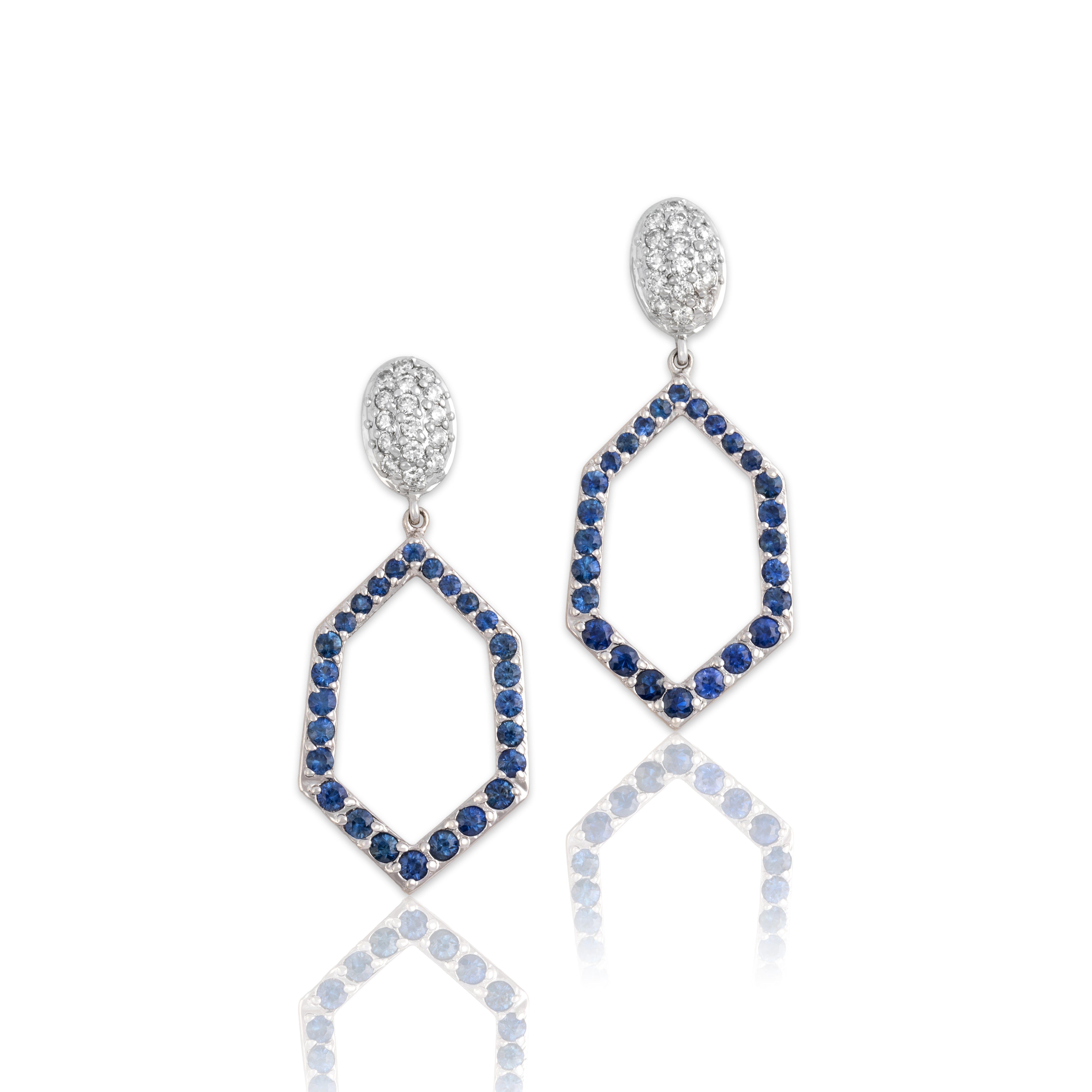Vintage 14k White Gold 1.11cttw Blue Sapphire Diamond Chic Vibrant Hexagonal Dangle Earrings - Close-up view