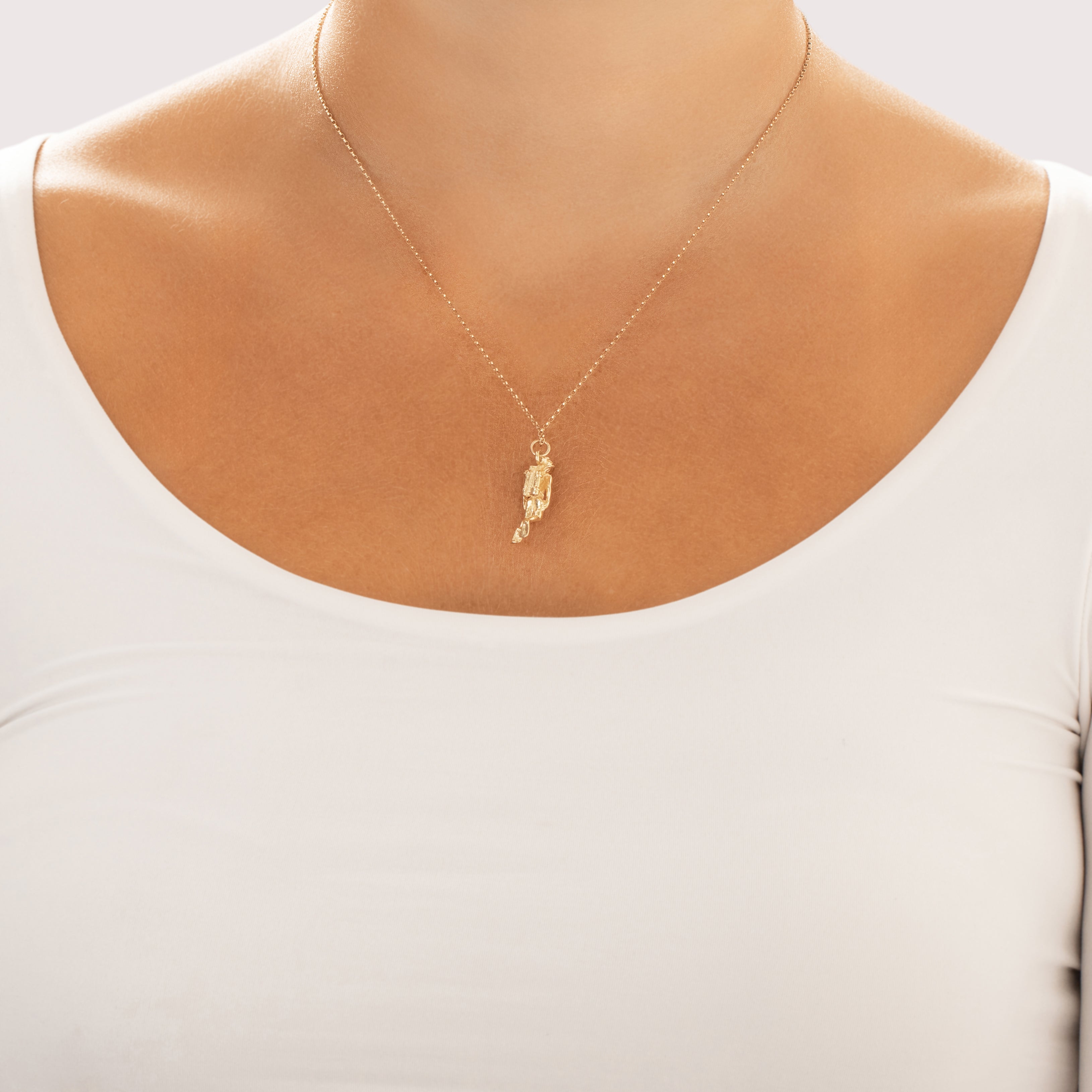 Vintage 14k Yellow Gold Bahamas Figural Scuba Diver Charm / Pendant - On model view