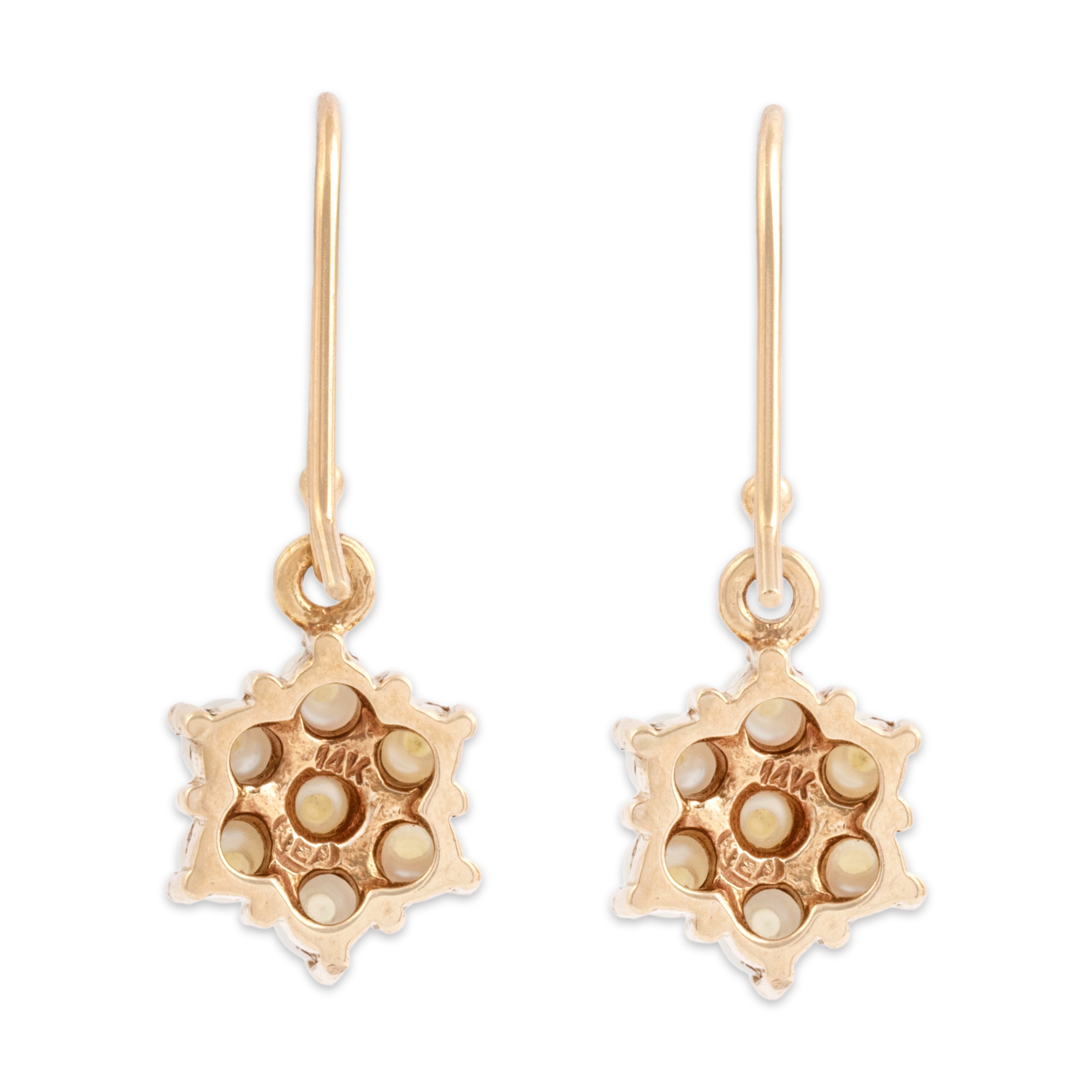 Vintage 14k Yellow Gold Pearl Sweet Lustrous Floriform Dangle Earrings - Back view