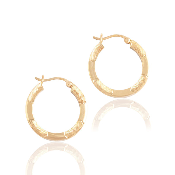 Vintage 14k Yellow Gold Sleek Textured Squared Hoop Earrings - Close-up view