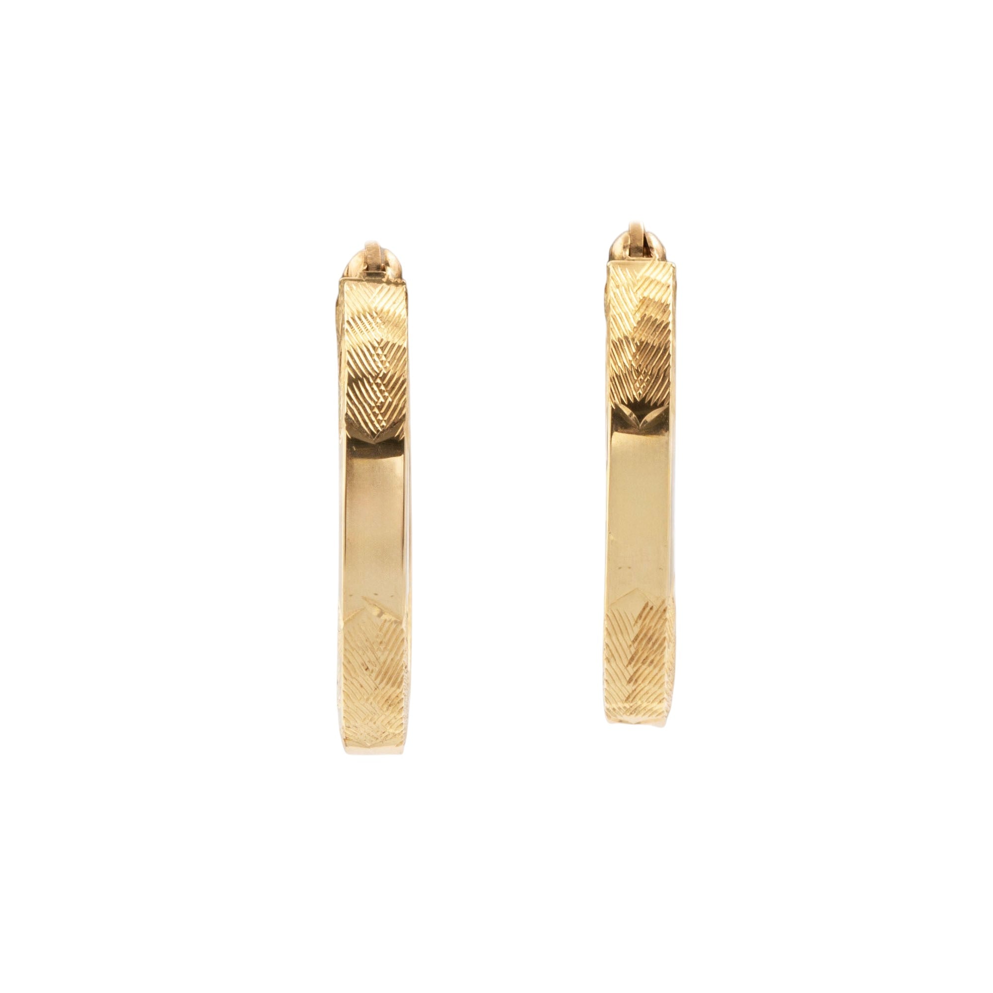Vintage 14k Yellow Gold Sleek Textured Squared Hoop Earrings - Overall view