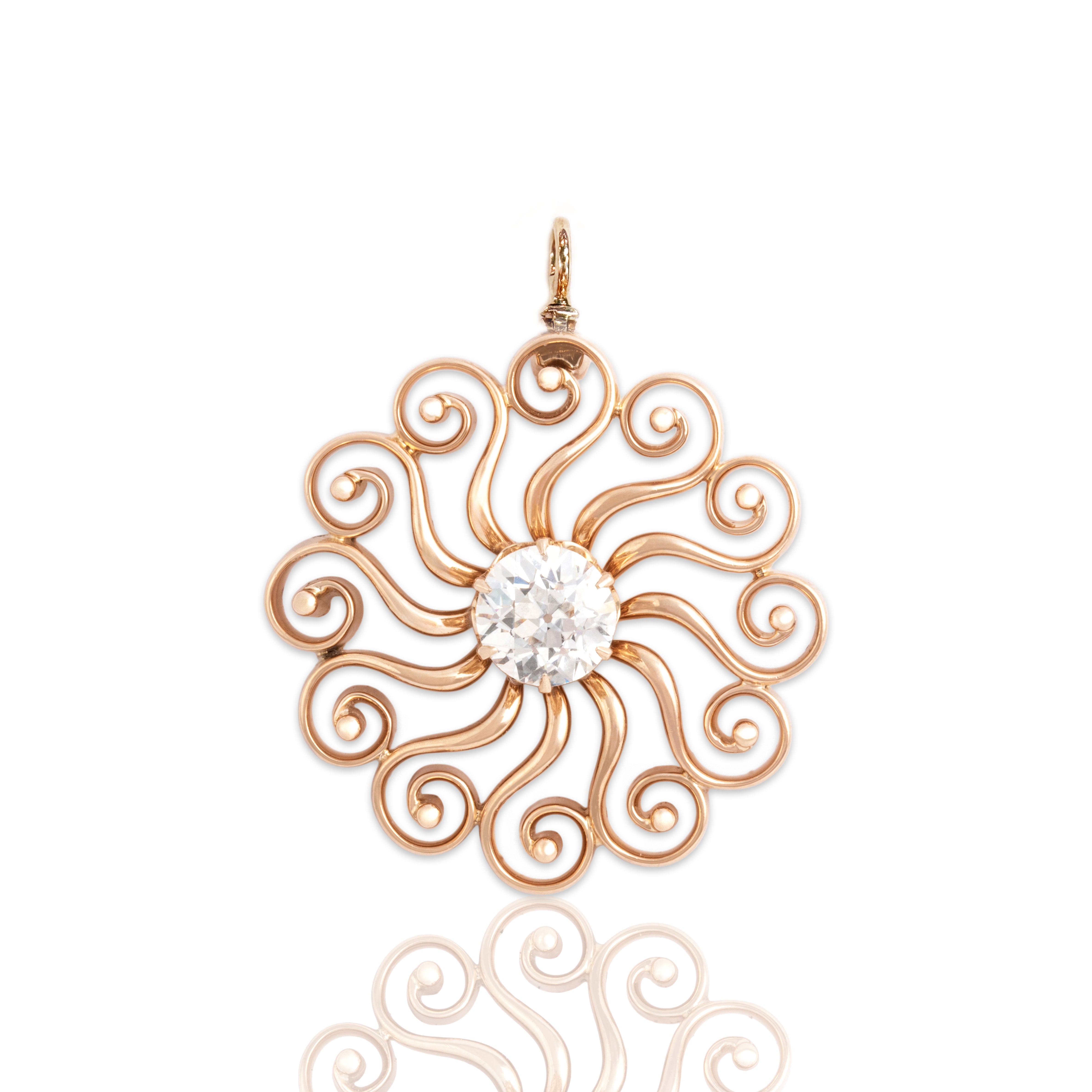 Antique 14k Rosy Yellow Gold .89ct Old European Cut Diamond Swirling Pendant