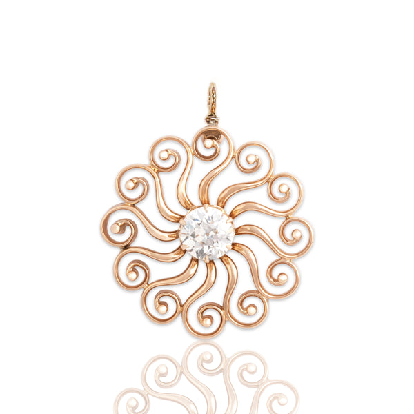 Antique 14k Rosy Yellow Gold .89ct Old European Cut Diamond Swirling Pendant