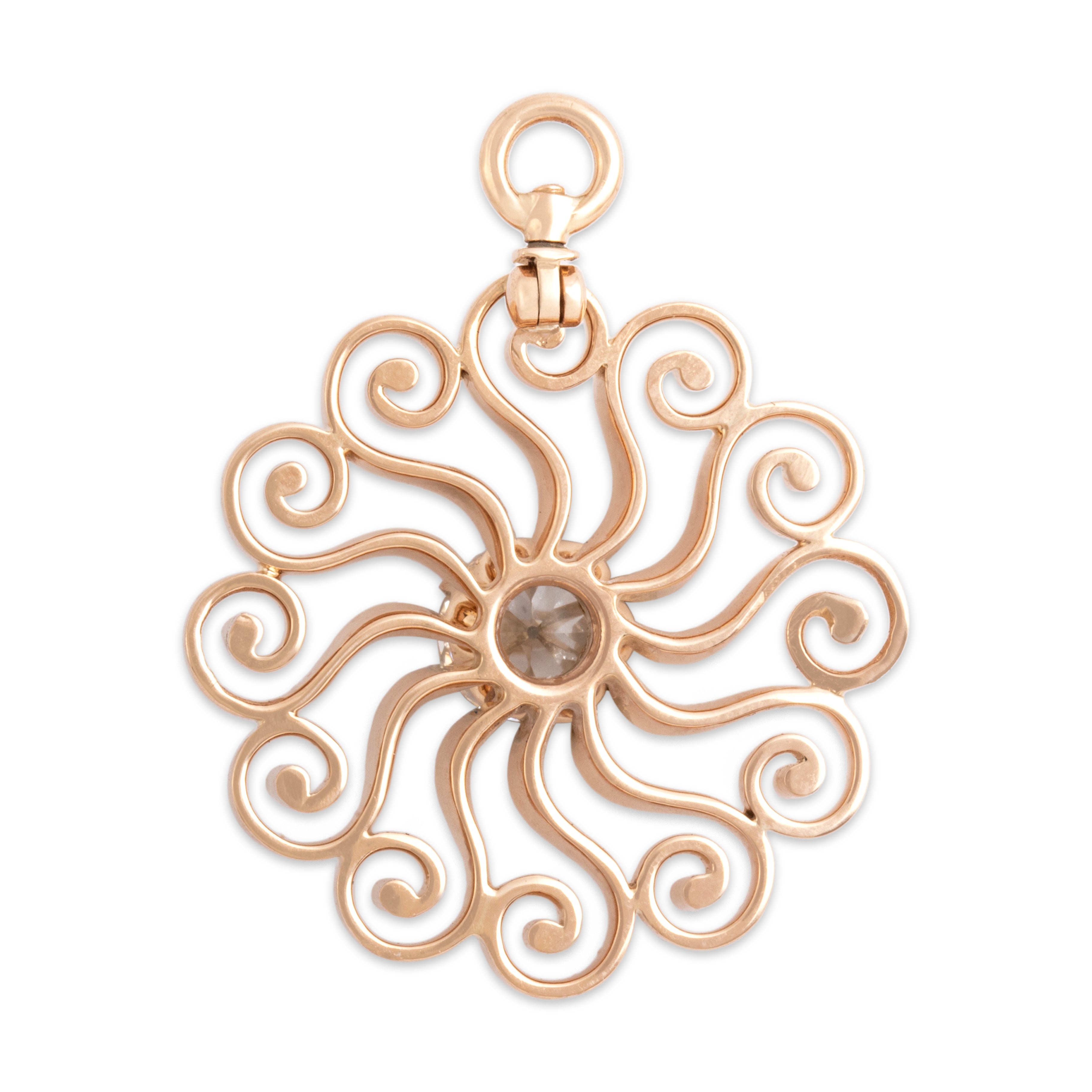 Antique 14k Yellow Gold .89ct Old European Cut Diamond Dazzling Swirling Sun Pendant - Back view