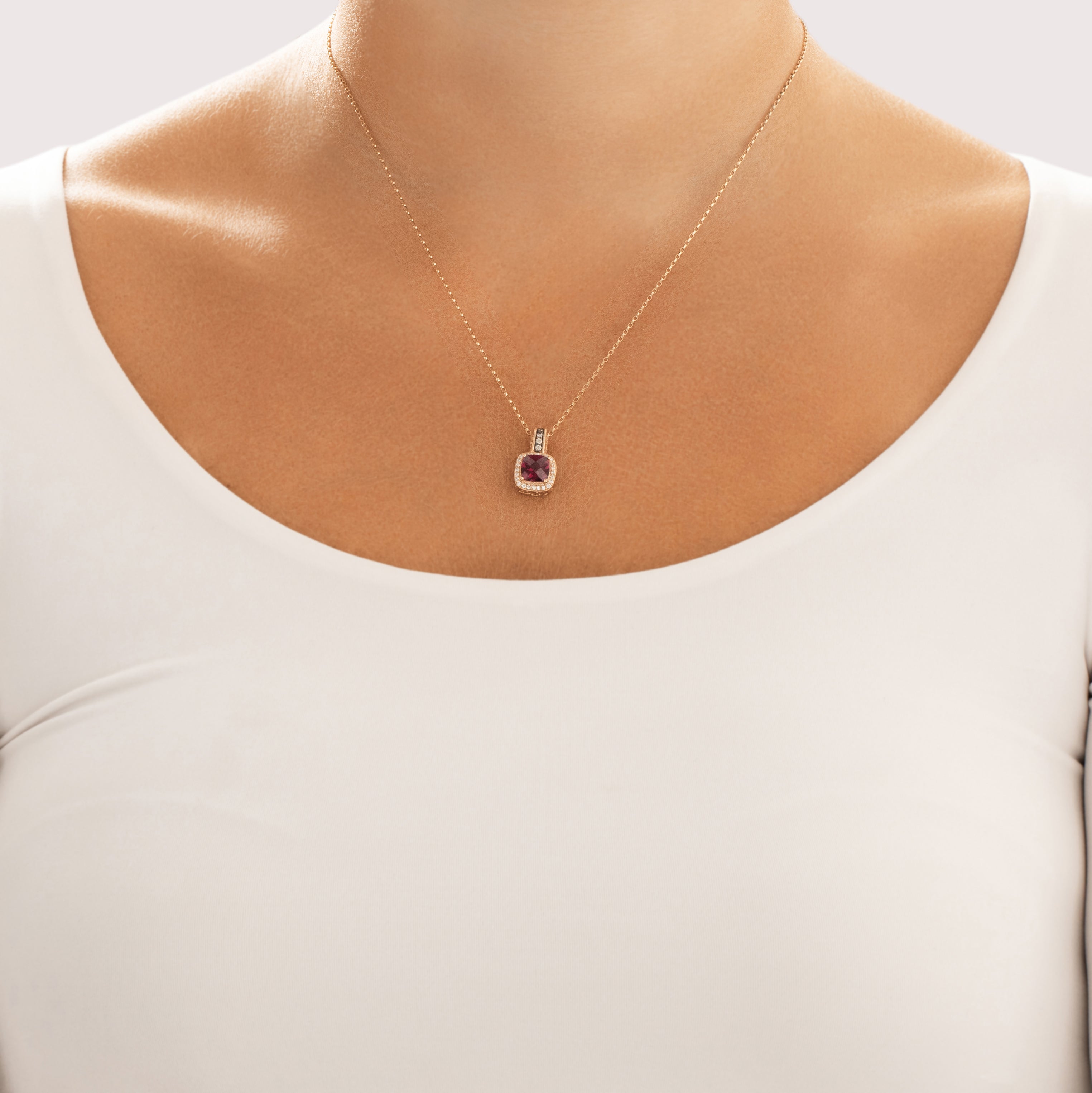 Estate 14k Rose Gold 1.96ct Pink Garnet White Diamond Champagne Diamond Sparkling Checkerboard Cushion Pendant - On model view
