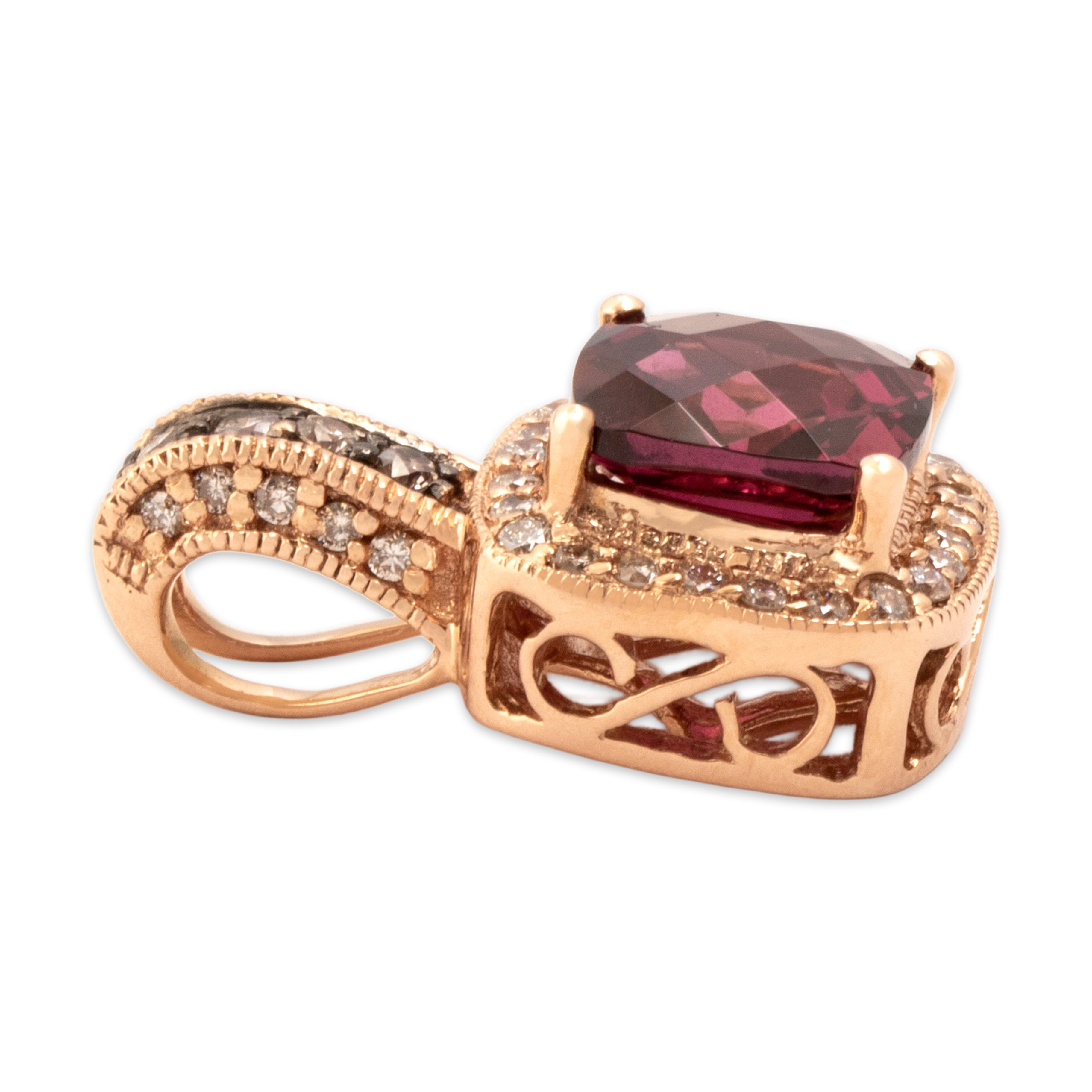 Estate 14k Rose Gold 1.96ct Pink Garnet White Diamond Champagne Diamond Sparkling Checkerboard Cushion Pendant - Side view