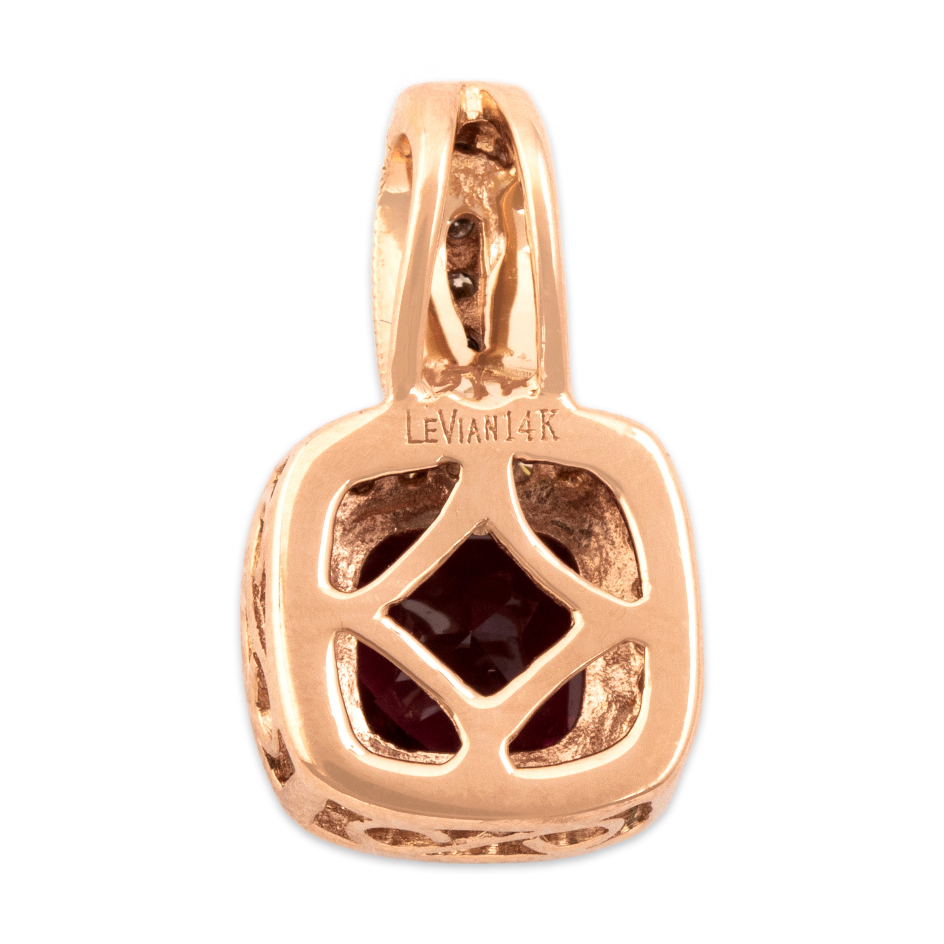 Estate 14k Rose Gold 1.96ct Pink Garnet White Diamond Champagne Diamond Sparkling Checkerboard Cushion Pendant - Back view