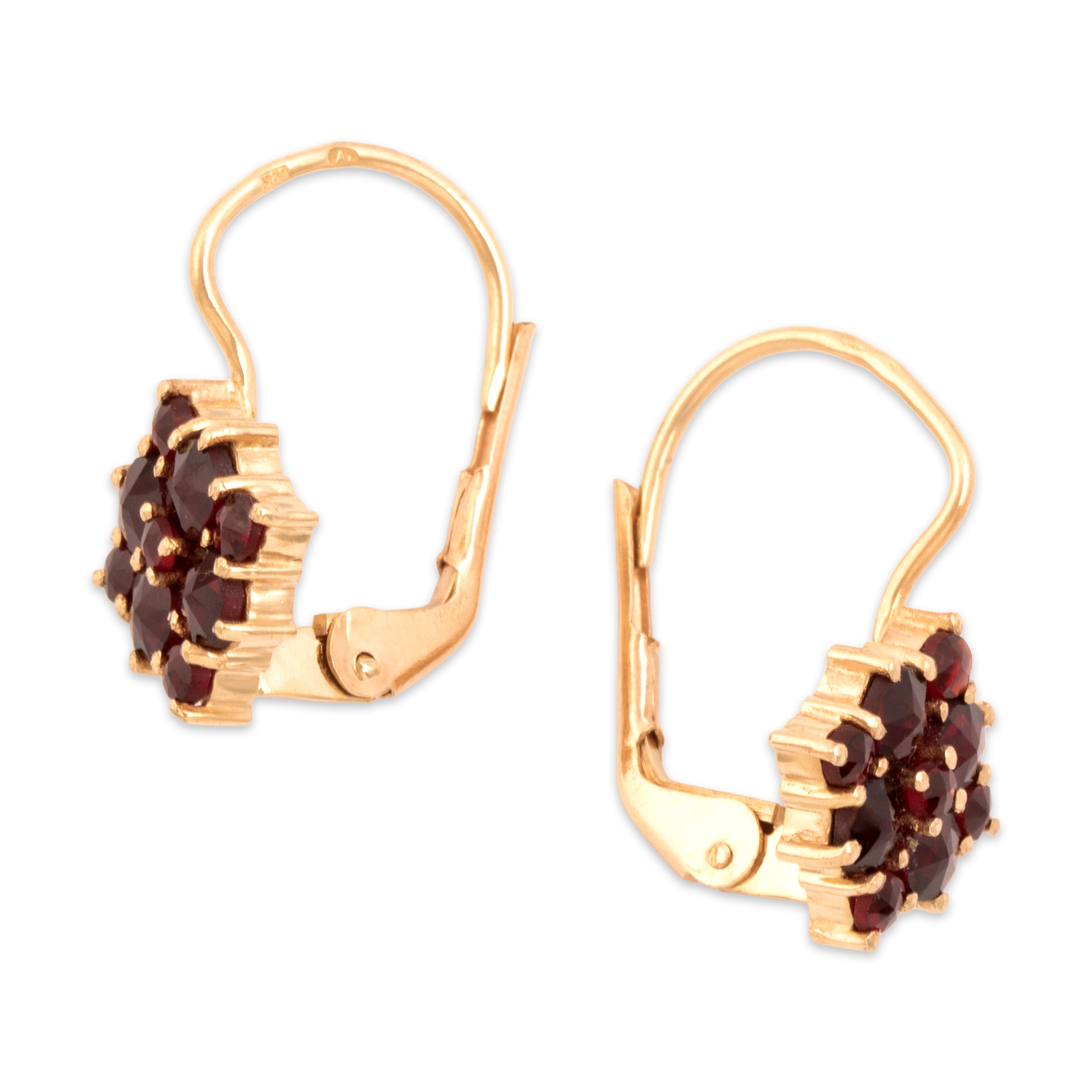 Vintage 14k Yellow Gold 1.02cttw Garnet Burgundy Cluster Lever Back Earrings - Side view
