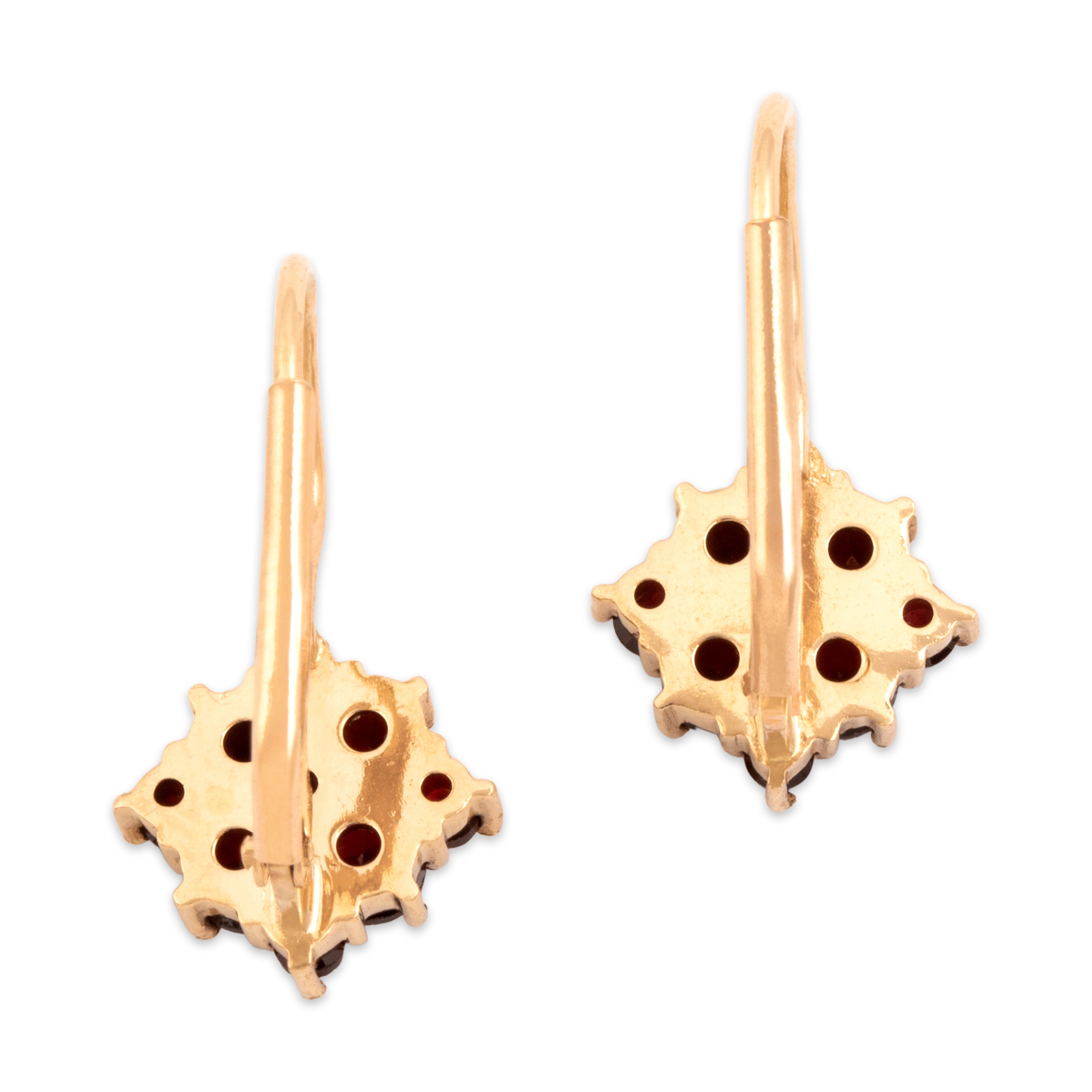 Vintage 14k Yellow Gold 1.02cttw Garnet Burgundy Cluster Lever Back Earrings - Back view