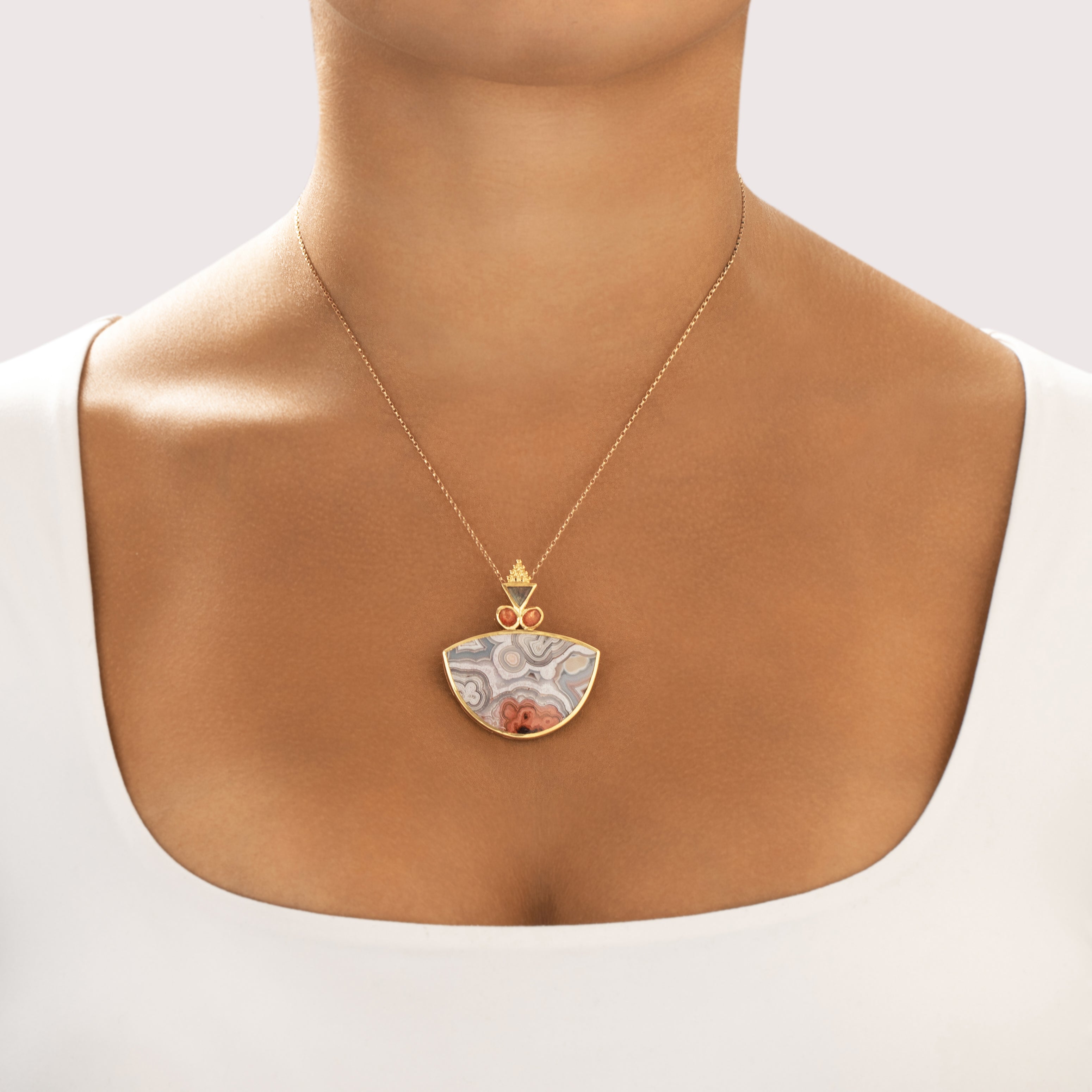 Vintage Paula Crevoshay Heavy 18k Yellow Gold 29.81ct Crazy Lace Agate .69cttw Sunstone .67ct Labradorite Rare Incredible Geometric Stack Enhancer Pin / Pendant - On model view