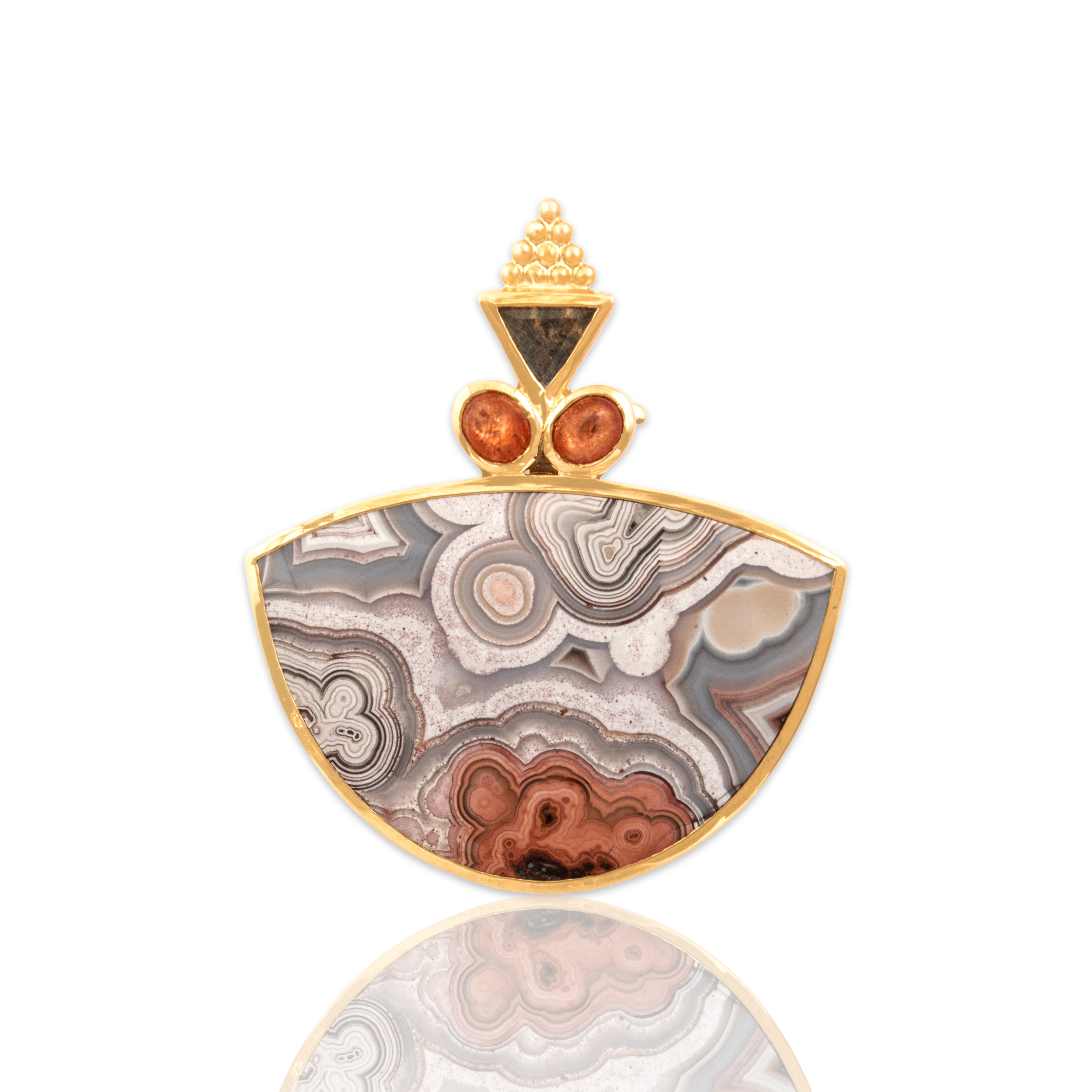 Vintage Paula Crevoshay Heavy 18k Yellow Gold 29.81ct Crazy Lace Agate .69cttw Sunstone .67ct Labradorite Rare Incredible Geometric Stack Enhancer Pin / Pendant - Close-up view