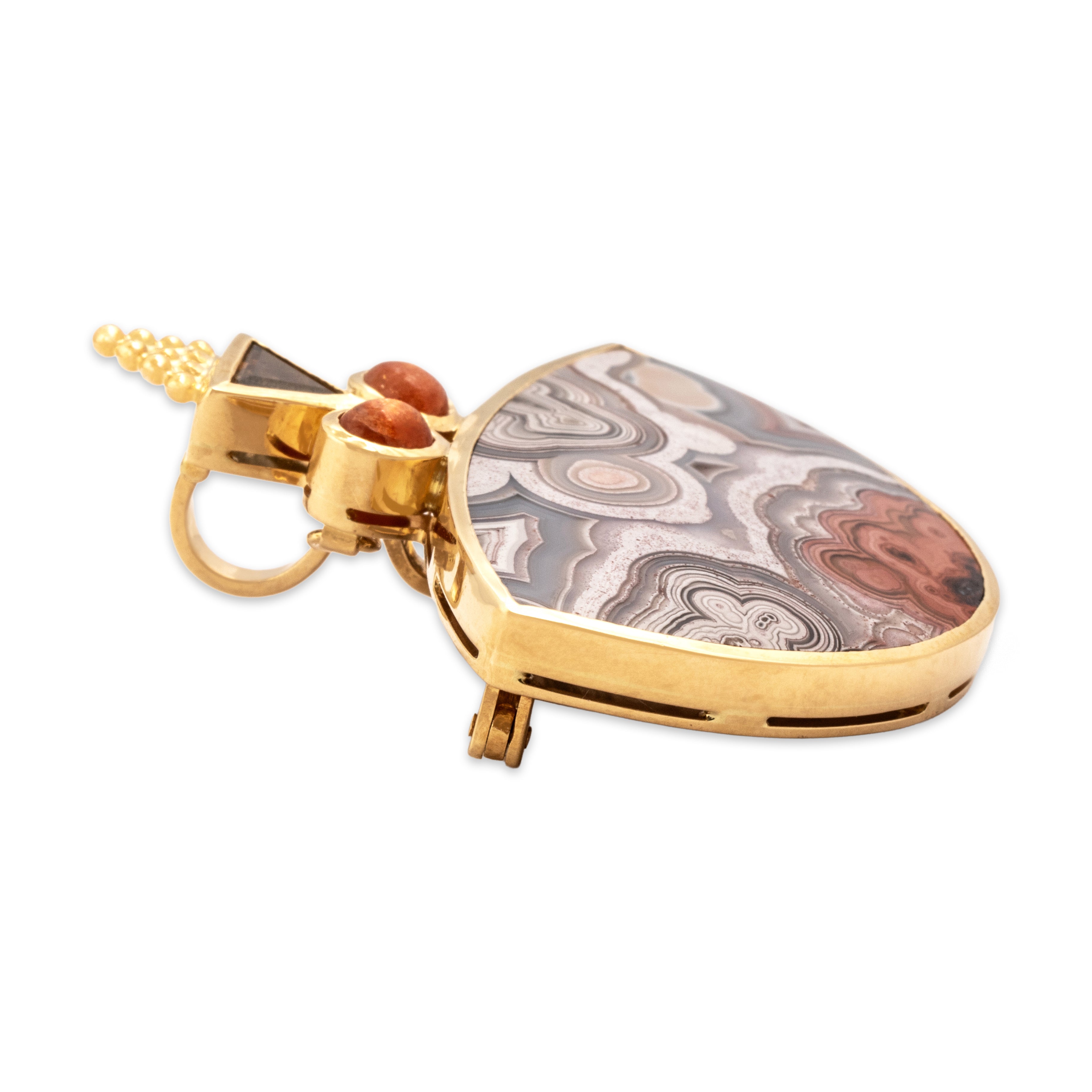 Vintage Paula Crevoshay Heavy 18k Yellow Gold 29.81ct Crazy Lace Agate .69cttw Sunstone .67ct Labradorite Rare Incredible Geometric Stack Enhancer Pin / Pendant - Side view