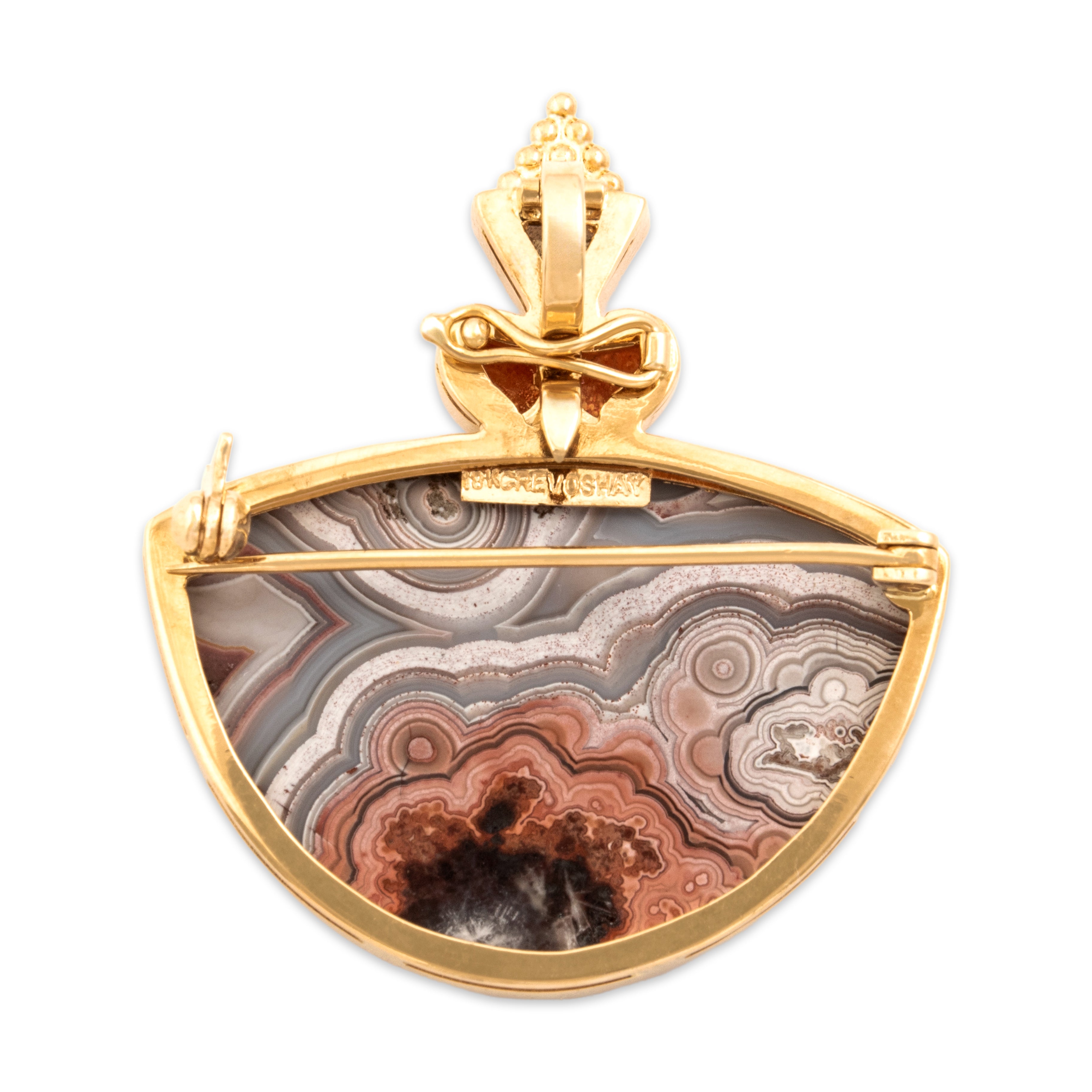 Vintage Paula Crevoshay Heavy 18k Yellow Gold 29.81ct Crazy Lace Agate .69cttw Sunstone .67ct Labradorite Rare Incredible Geometric Stack Enhancer Pin / Pendant - Back view