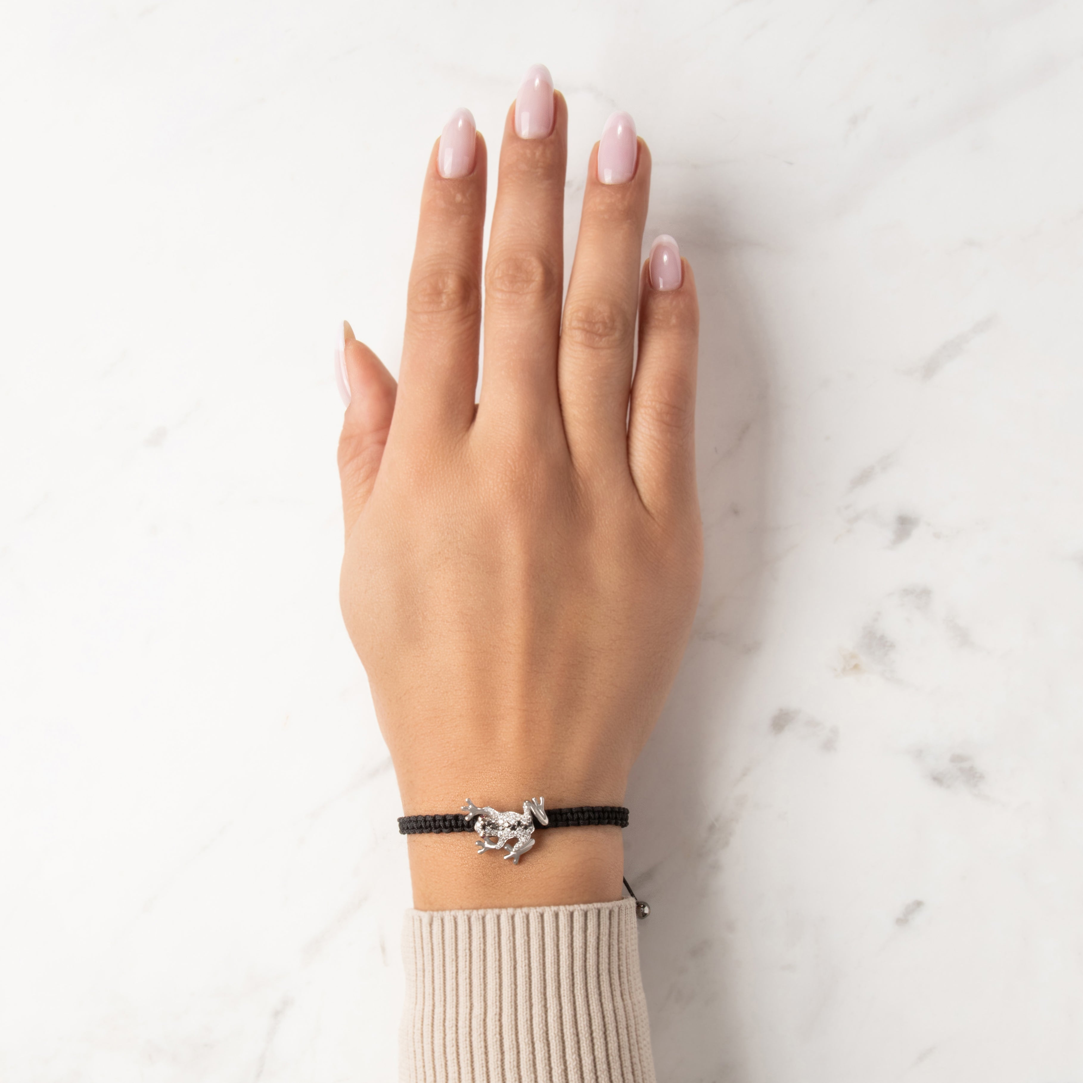 Estate Italian 18k White Gold [Custom Carat] Tree Frog Corded Adjustable Bracelet - On model view