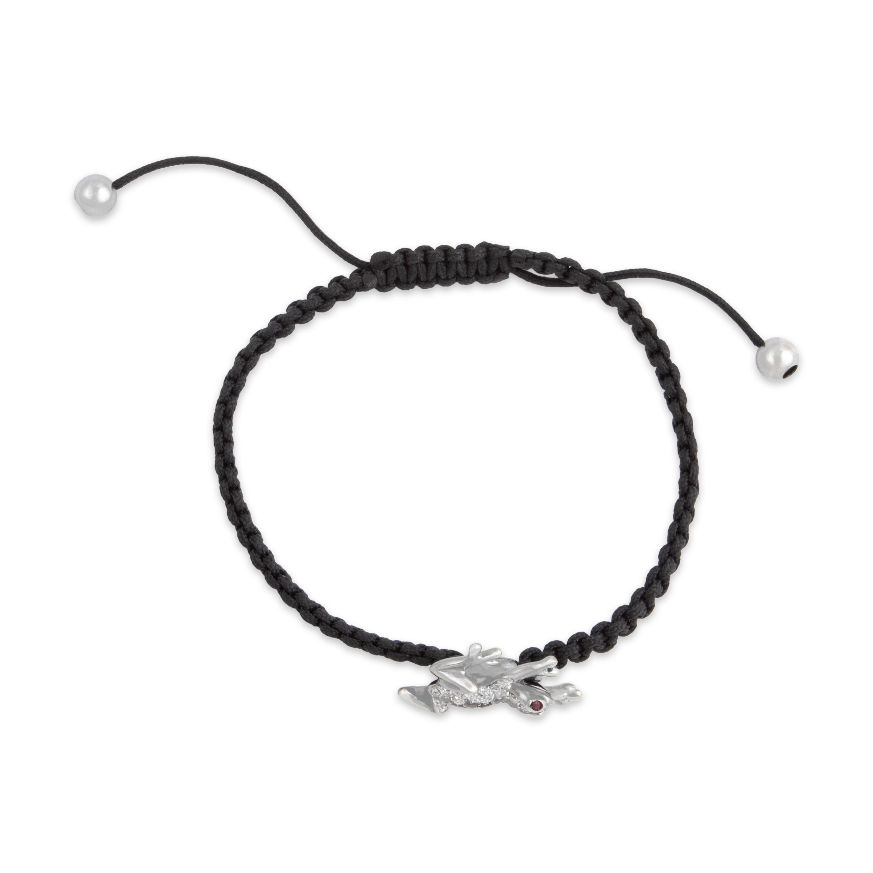 Estate Italian 18k White Gold [Custom Carat] Tree Frog Corded Adjustable Bracelet - Overall view