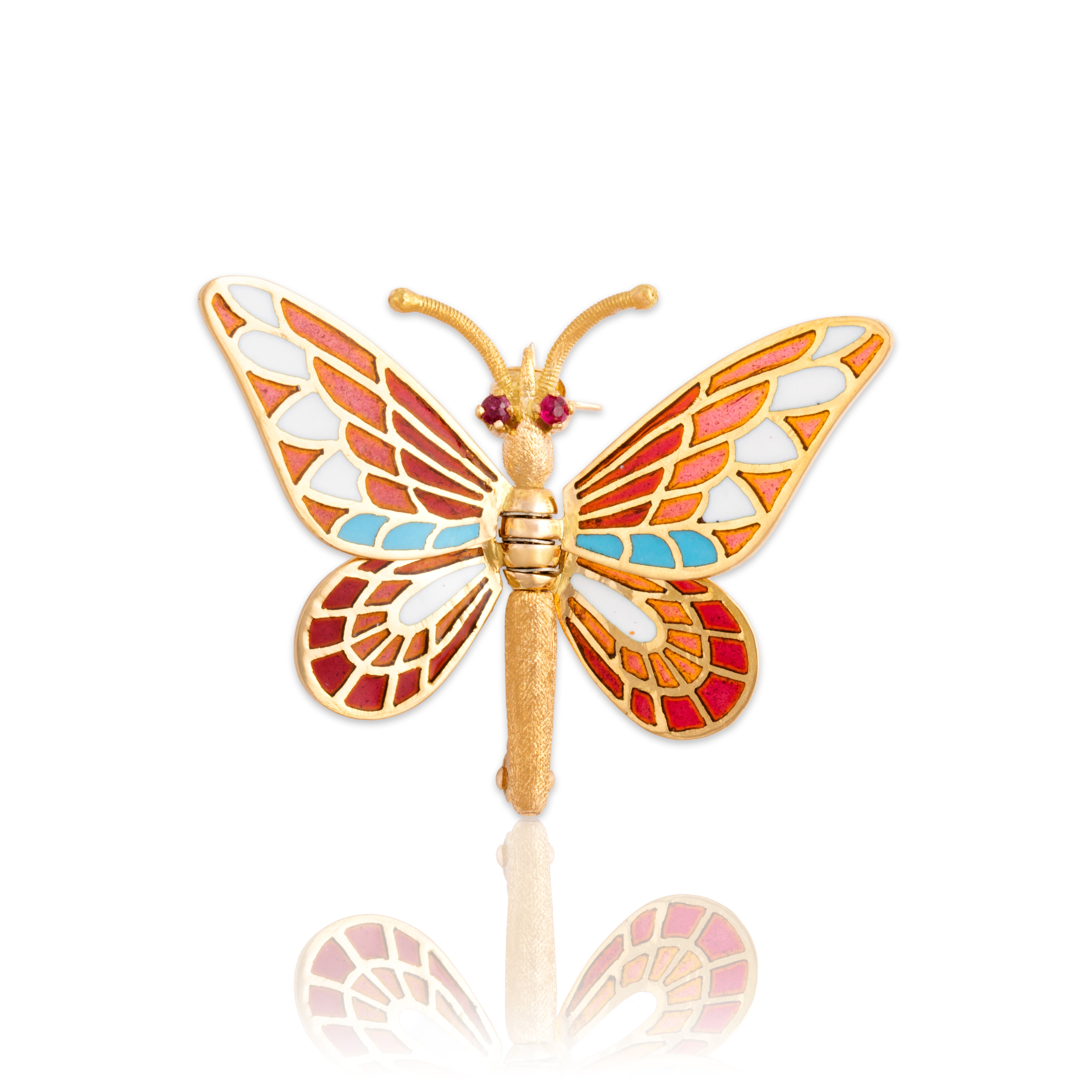 Vintage Spanish 18k Yellow Gold Ruby Superb Articulating Plique-Ã -Jour Enamel Butterfly Brooch / Pin - Close-up view