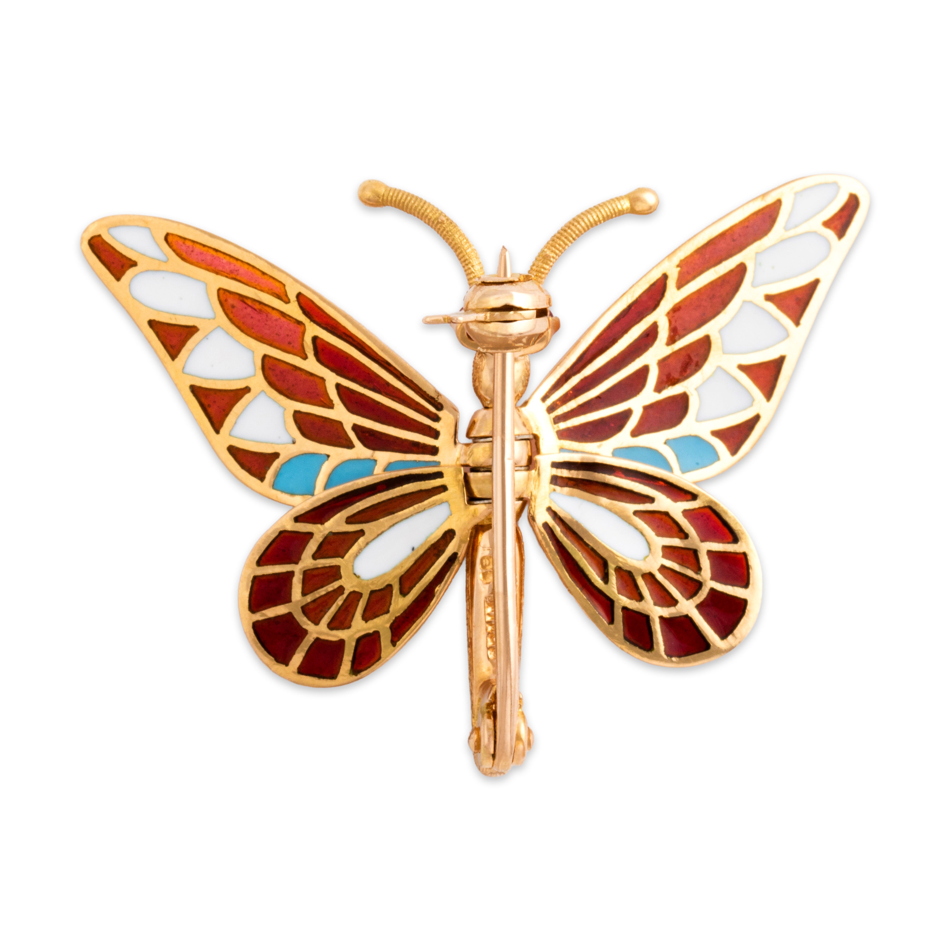 Vintage Spanish 18k Yellow Gold Ruby Superb Articulating Plique-Ã -Jour Enamel Butterfly Brooch / Pin - detail view #1