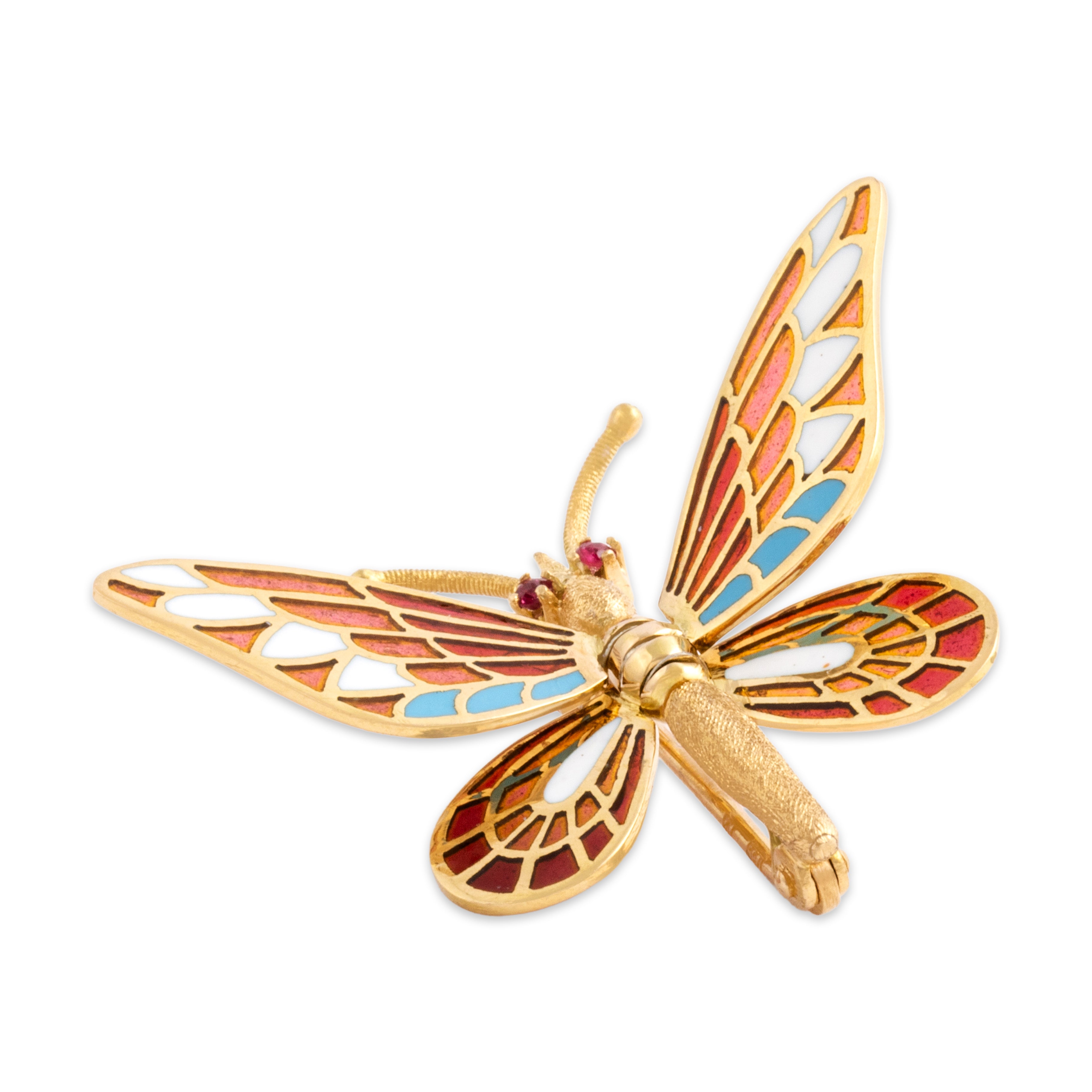 Vintage Spanish 18k Yellow Gold Ruby Superb Articulating Plique-Ã -Jour Enamel Butterfly Brooch / Pin - Overall view