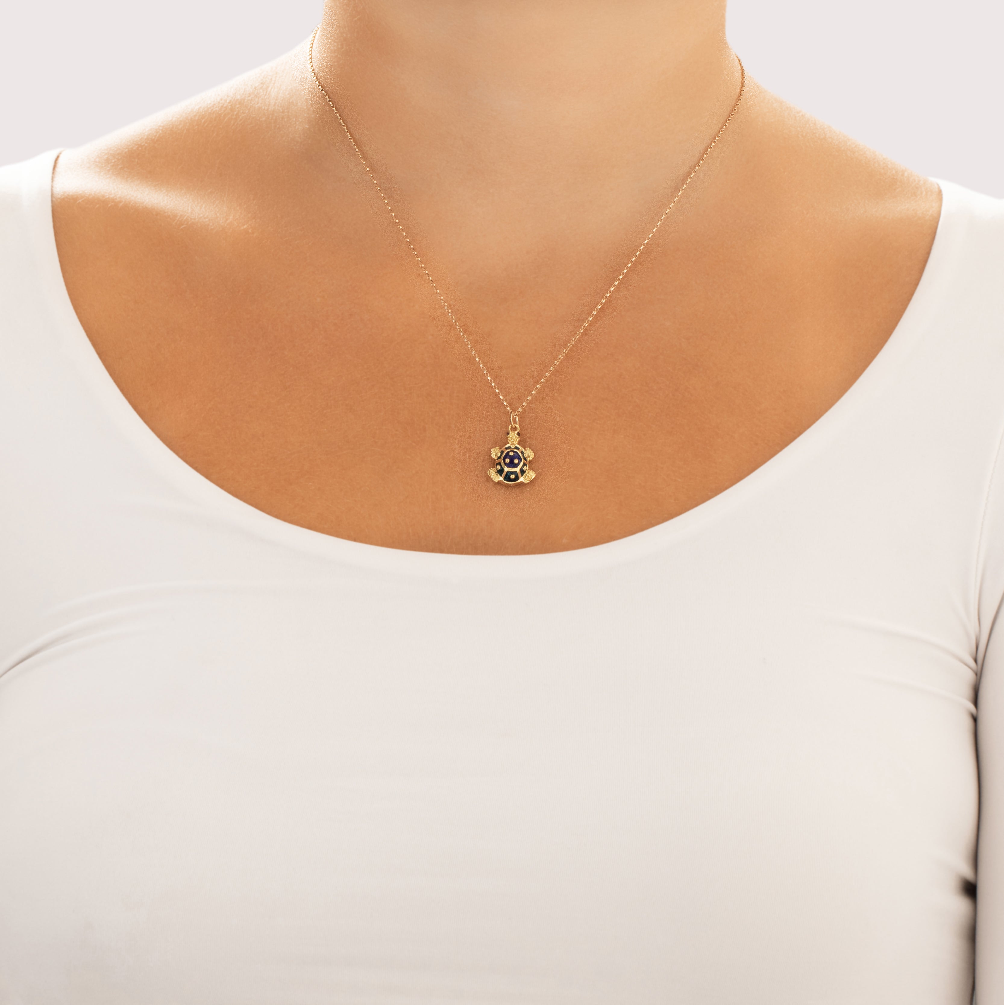 Vintage Heavy 18k Yellow Gold Gentle Enamel Turtle Charm / Pendant - On model view