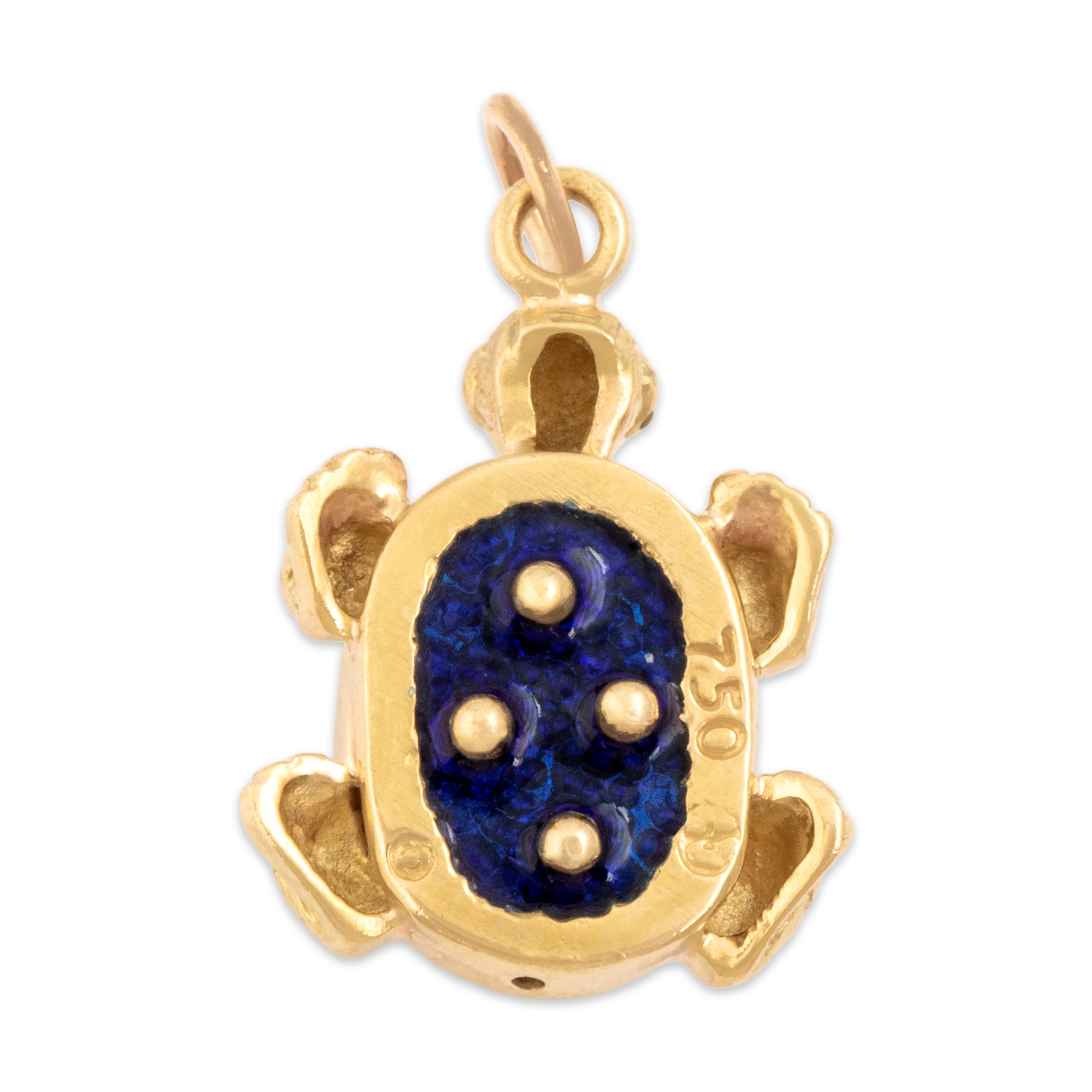 Vintage Heavy 18k Yellow Gold Gentle Enamel Turtle Charm / Pendant - Back view