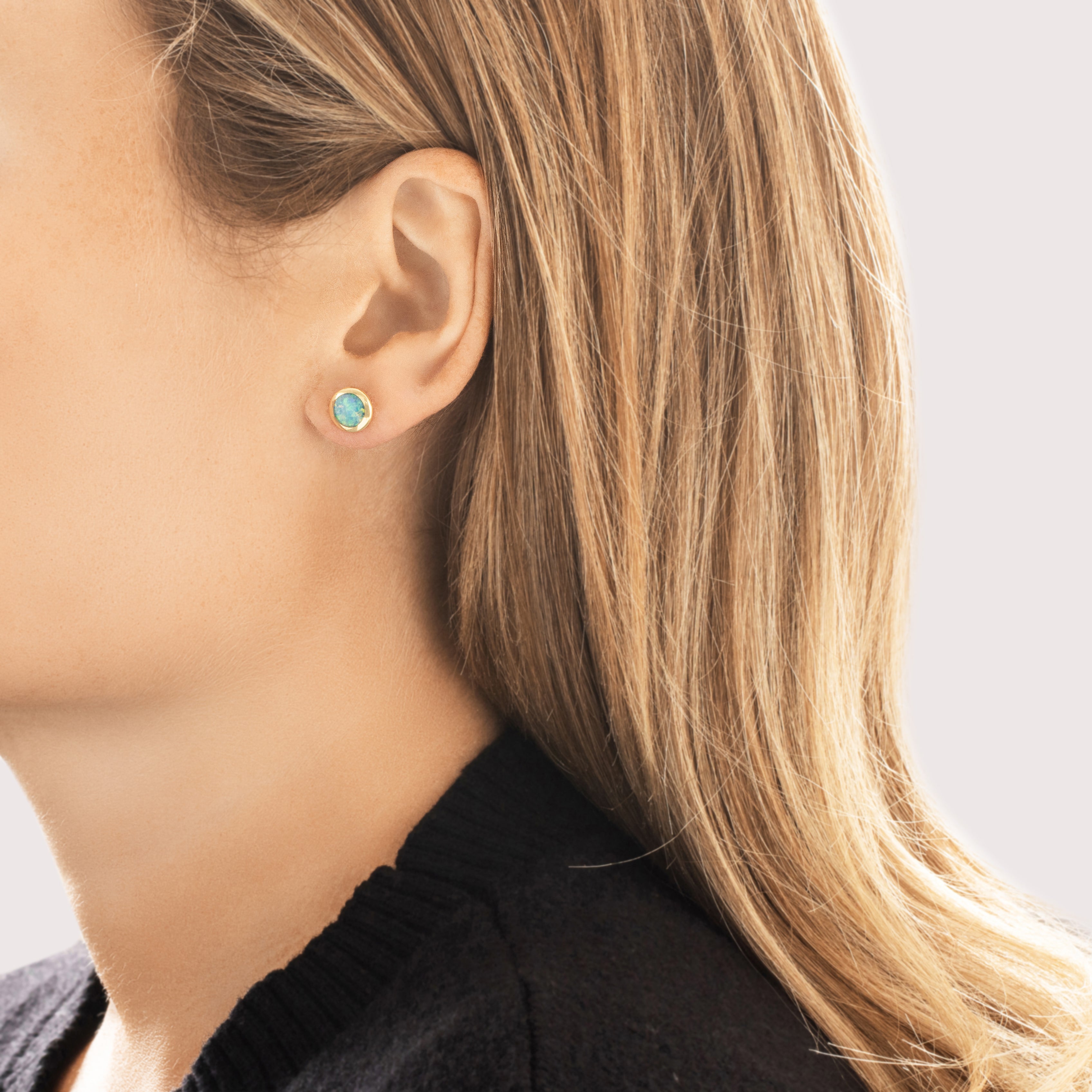 Vintage 18k Yellow Gold Blue Opal Iridescent Sleek Dome Stud Earrings - On model view