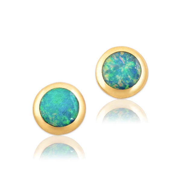 Vintage 18k Yellow Gold Blue Opal Iridescent Inlay Dome Stud Earrings