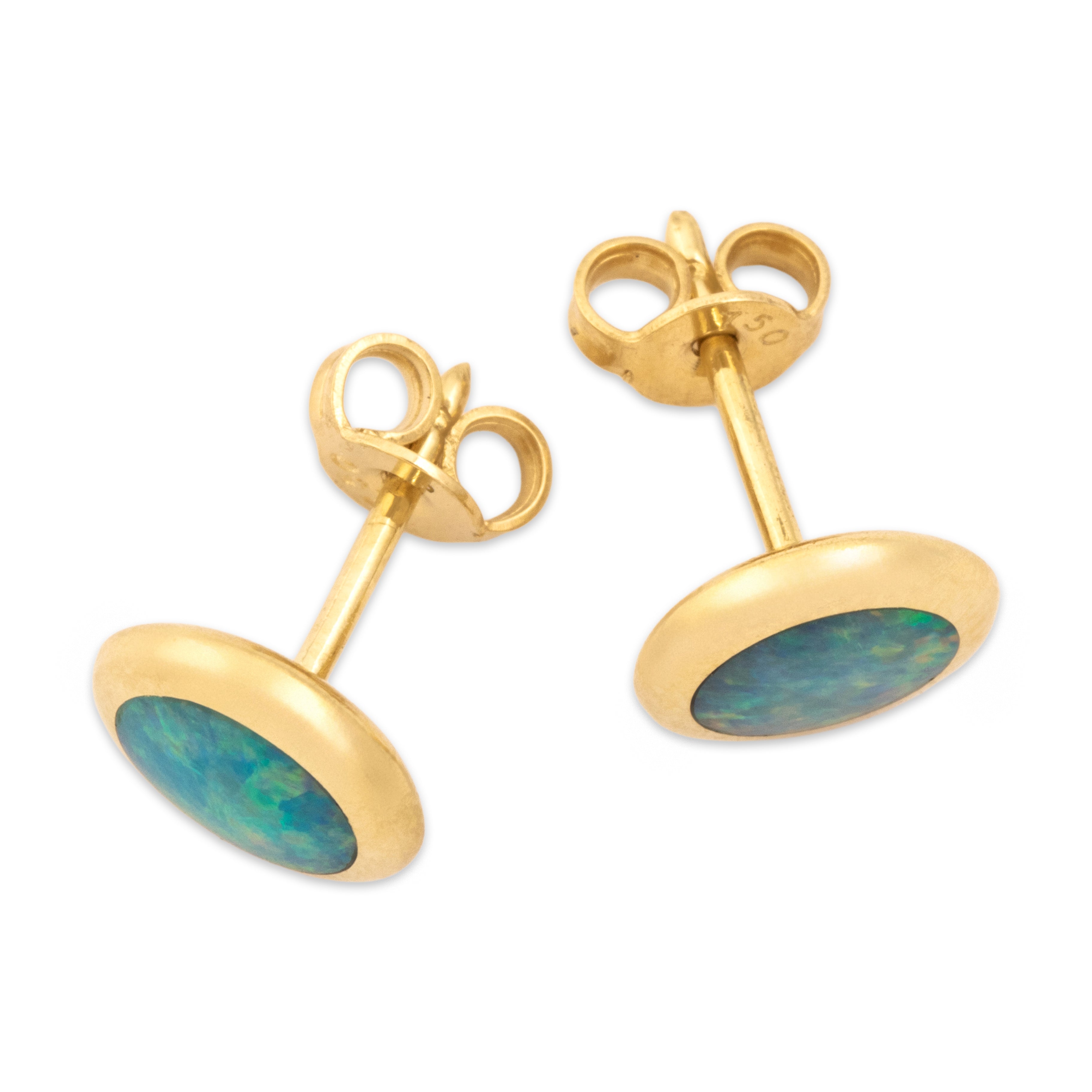 Vintage 18k Yellow Gold Blue Opal Iridescent Sleek Dome Stud Earrings - Overall view