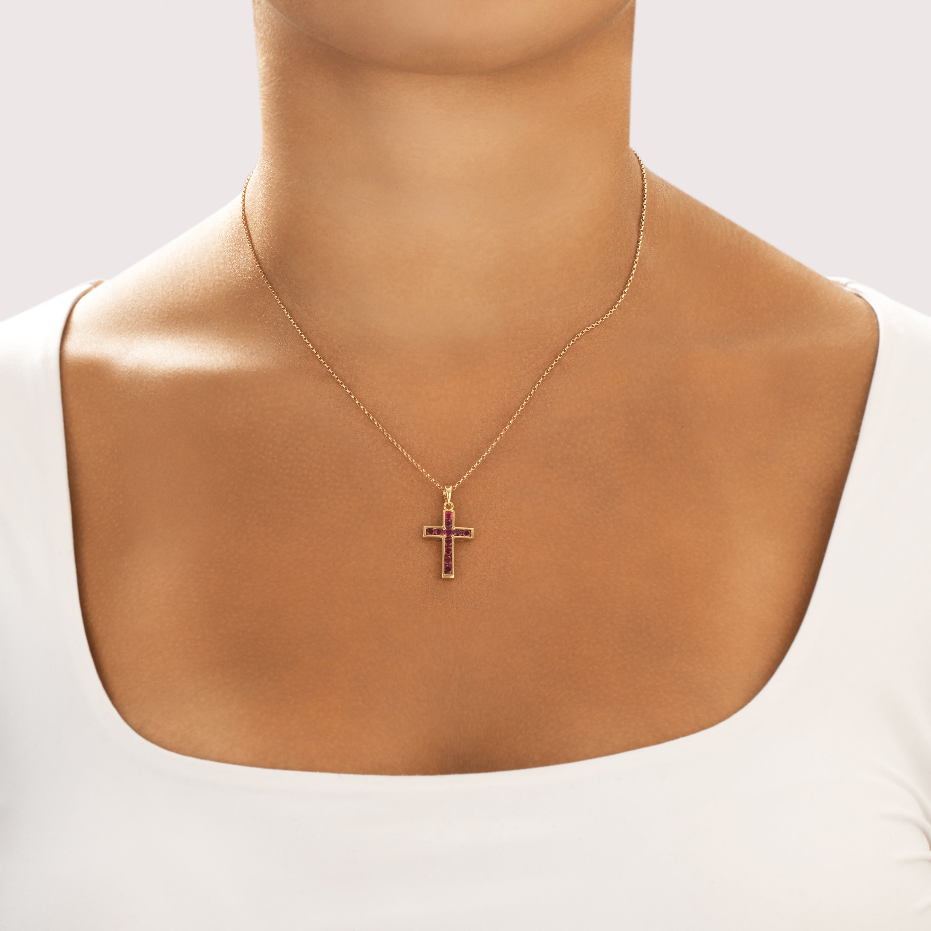 Vintage 18k Yellow Gold .71cttw Ruby Vibrant Cross Pendant - On model view