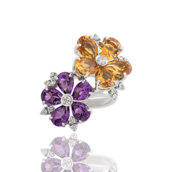 Vintage Italian 18k White Gold 4.31cttw Citrine 2.54cttw Amethyst Diamond Ring 7.25