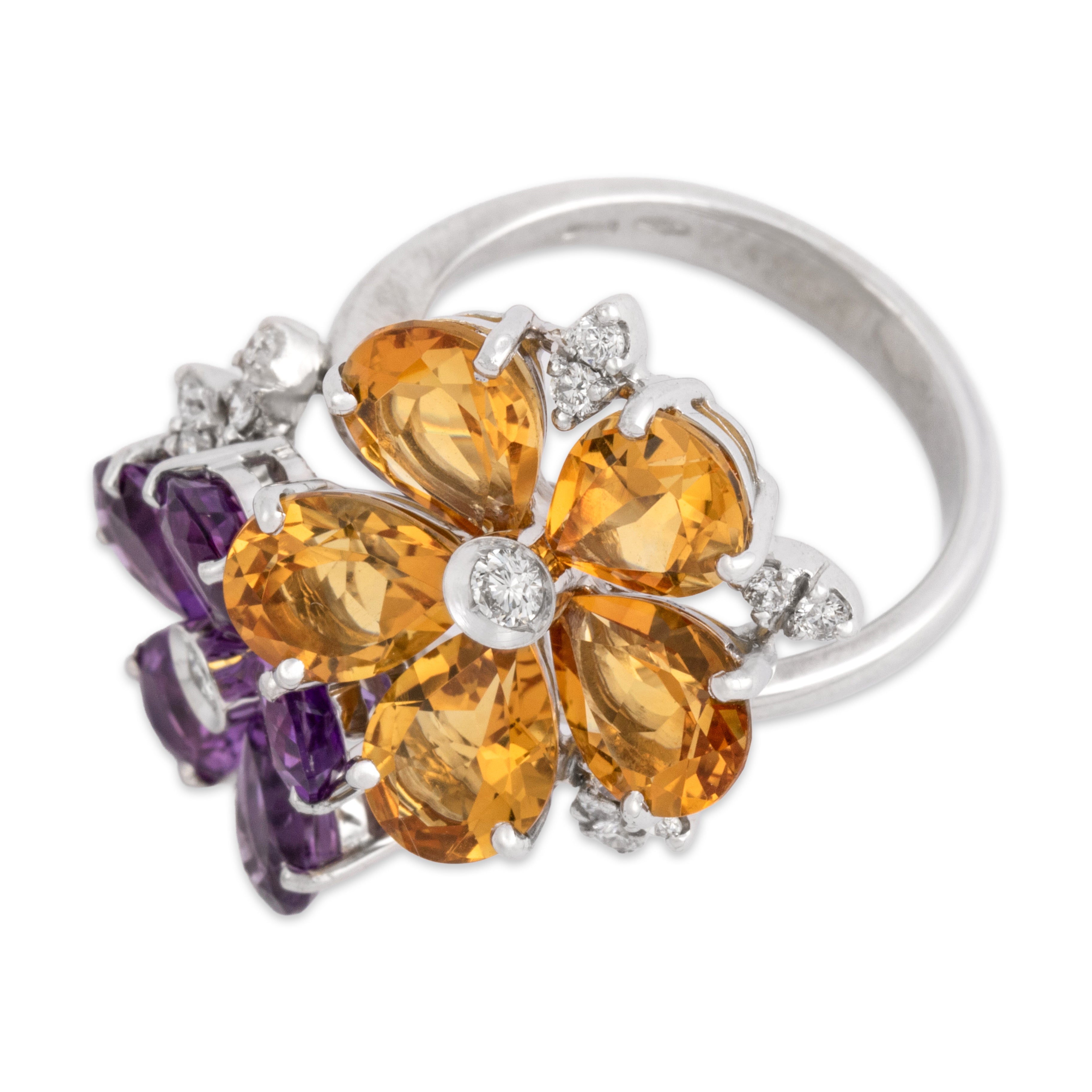 Vintage Italian 18k White Gold 4.31cttw Citrine 2.54cttw Amethyst Diamond Bold Floral Bypass Cocktail Ring - Overall view