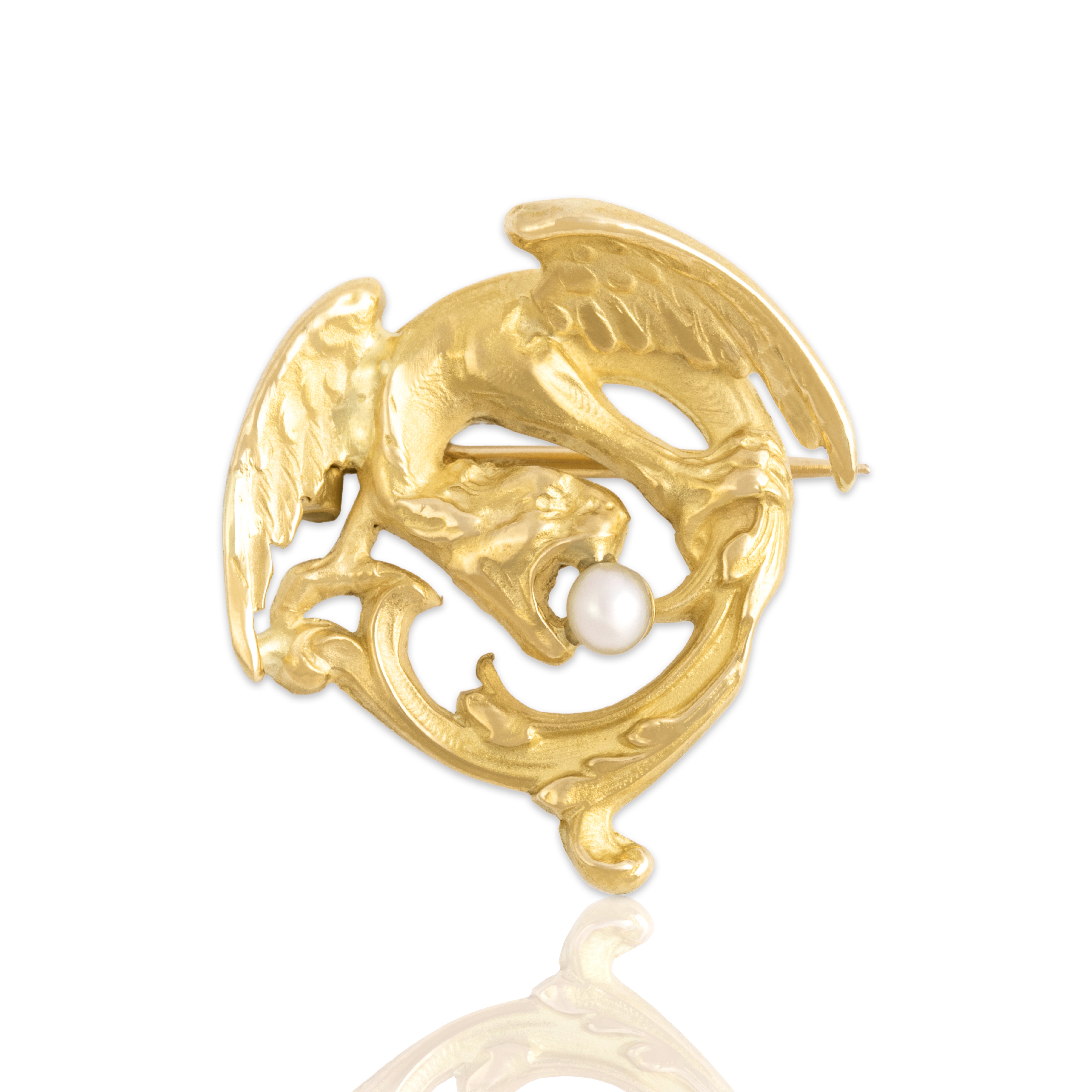 Antique Art Nouveau French 14k Yellow Gold Pearl Fabulous Dragon Brooch / Pin