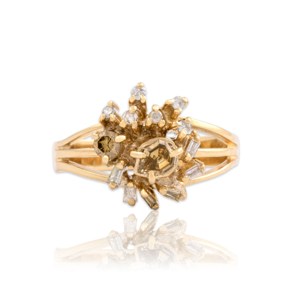 Vintage 18k Yellow Gold Multi-Color Diamond Asymmetrical Cluster Ring 7.25