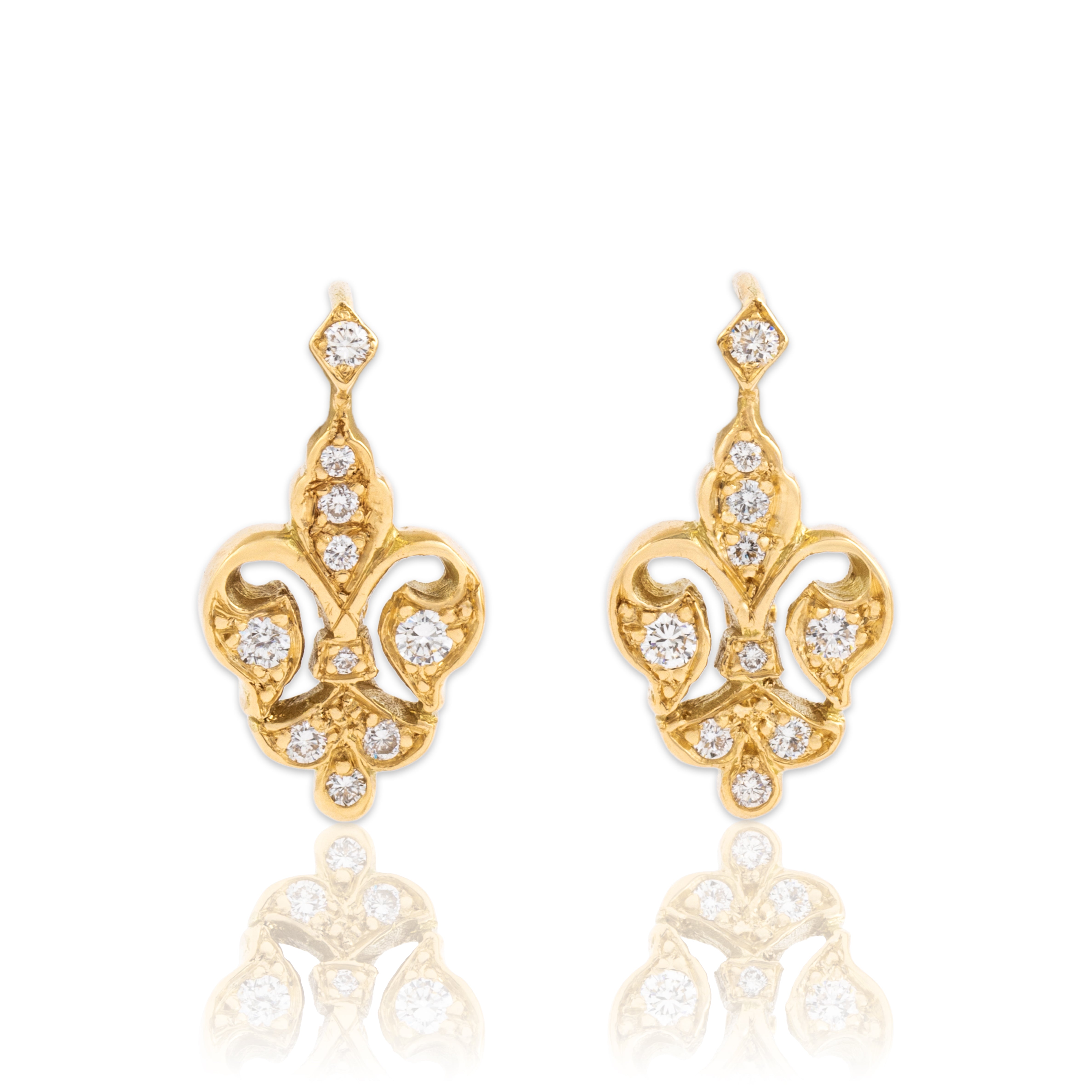 Vintage 18k Yellow Gold Diamond Sparkling Fleur De Lis Dangle Earrings - Close-up view