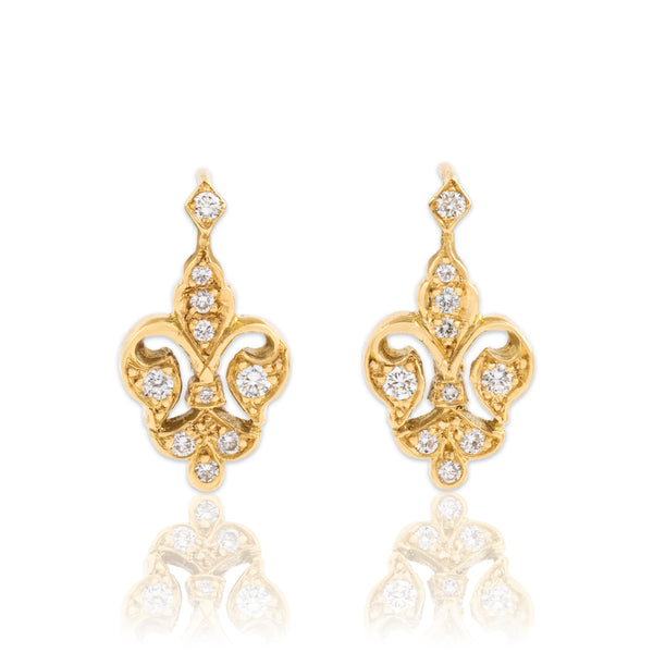 Vintage 18k Yellow Gold Diamond Sparkling Fleur De Lis Dangle Earrings