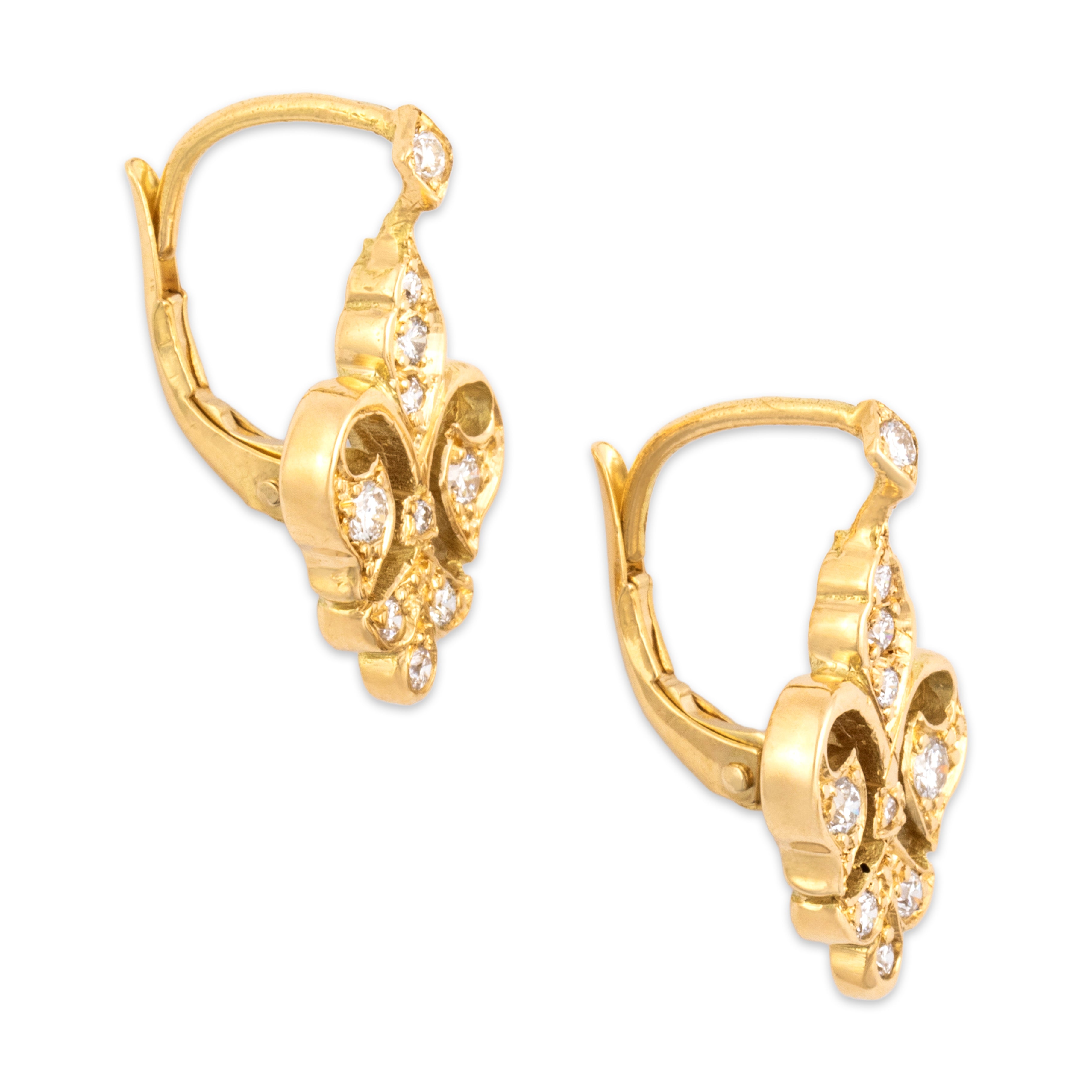 Vintage 18k Yellow Gold Diamond Sparkling Fleur De Lis Dangle Earrings - Side view